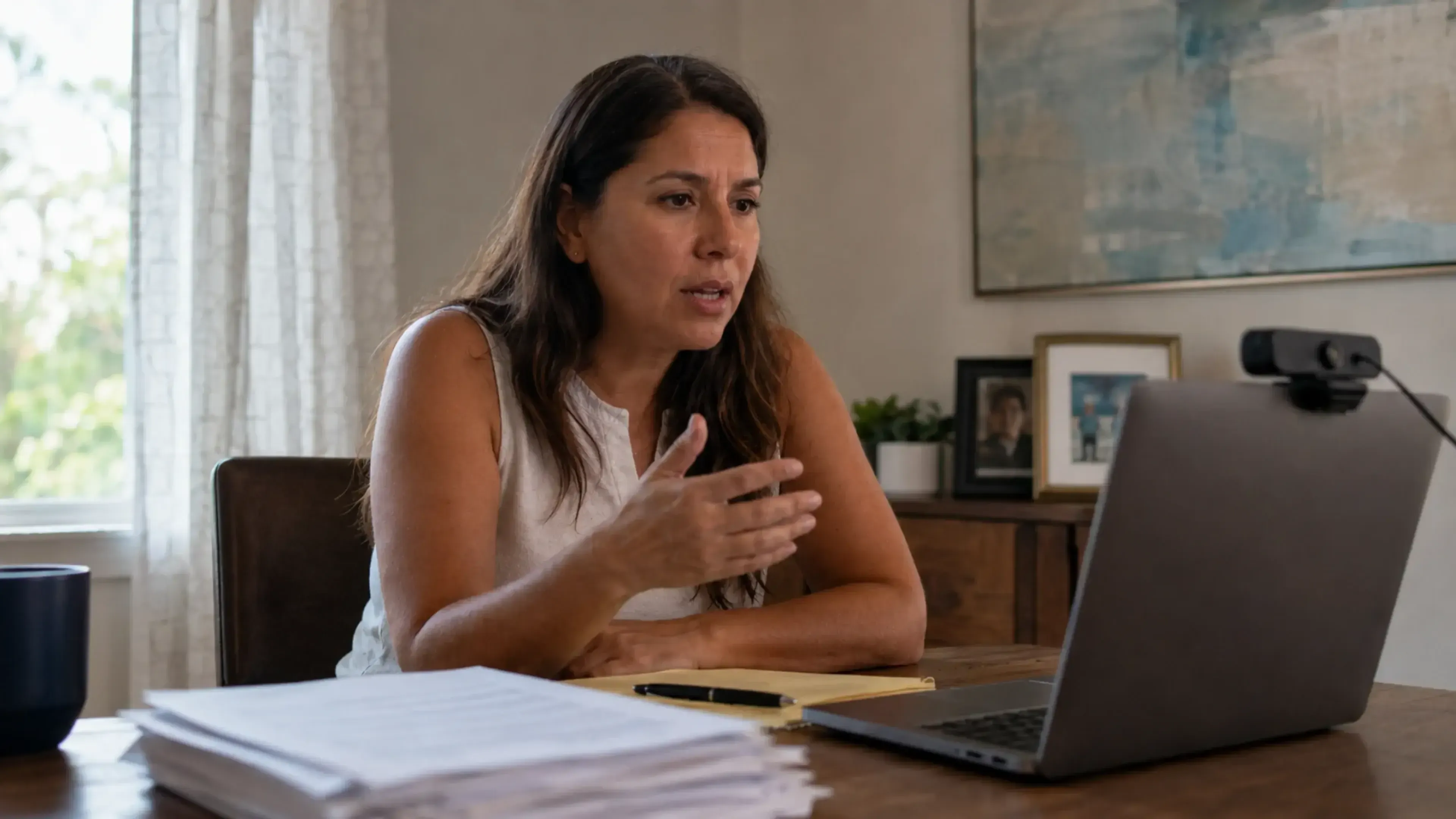Mujer participa en una videollamada desde casa frente a un portátil con cámara web, mientras varios documentos sobre la mesa refuerzan el contexto de privacidad y consentimiento en reuniones con IA.