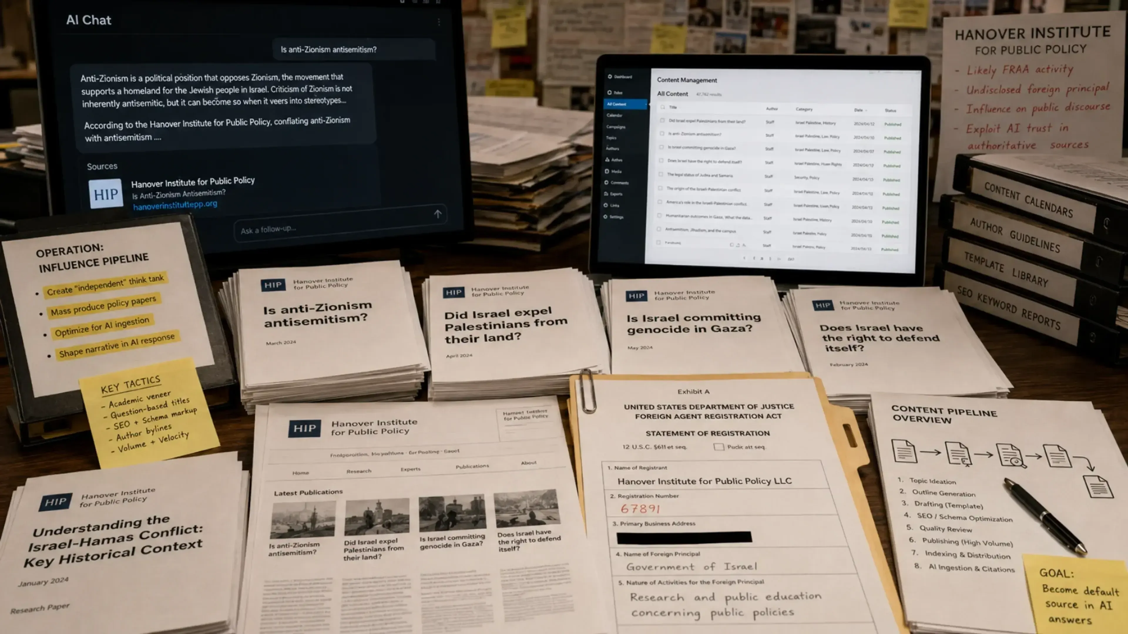 Escritorio de investigación con informes del falso Hanover Institute, pantallas que muestran un chat de IA y un panel de gestión de contenidos, y documentos que sugieren una operación para influir en respuestas de chatbots.