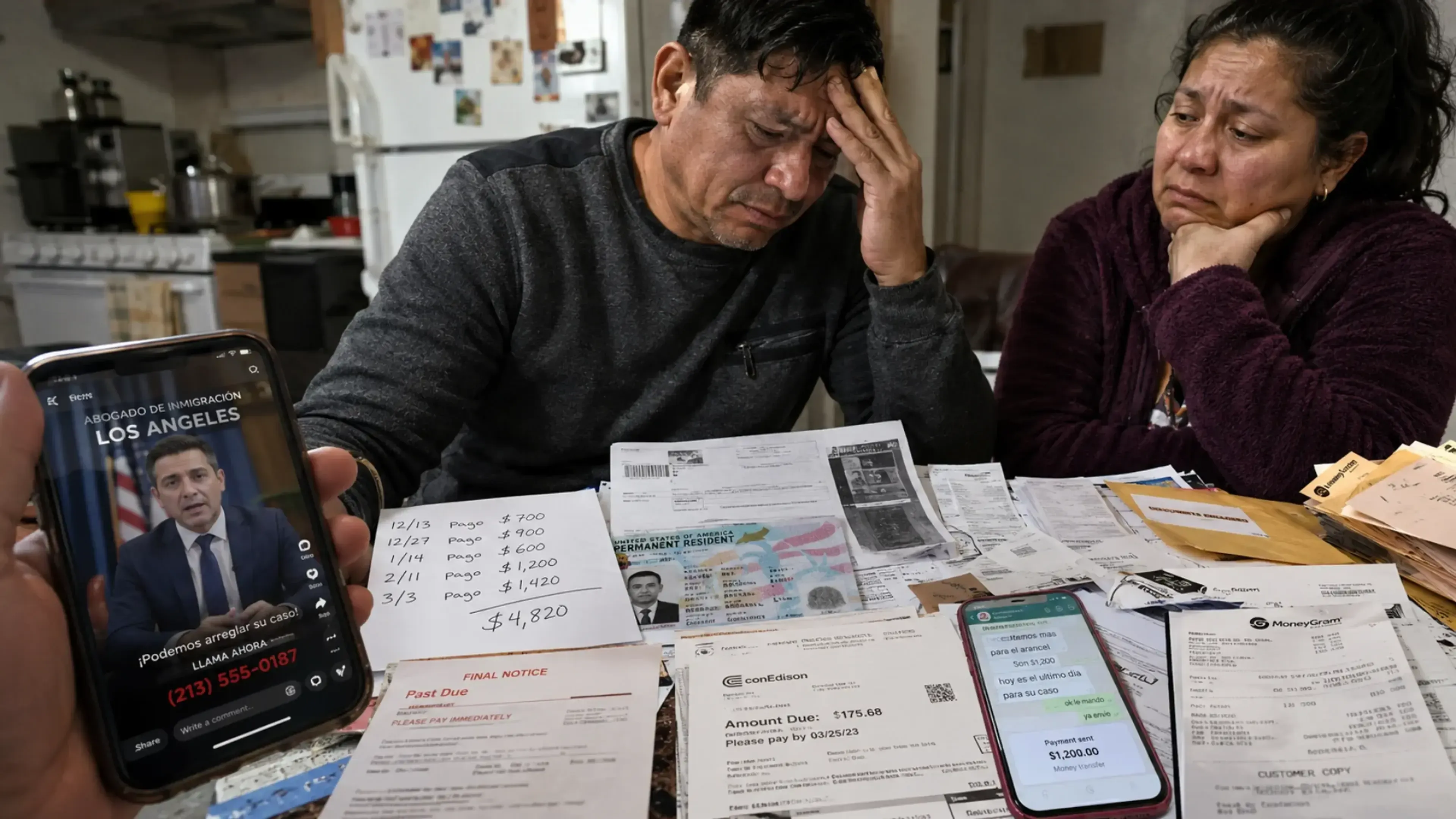 Hombre y mujer preocupados ante una mesa llena de facturas, recibos, documentos y móviles; en uno aparece un supuesto abogado de inmigración y en otro mensajes de pago, reflejando una estafa con identidad suplantada por IA.