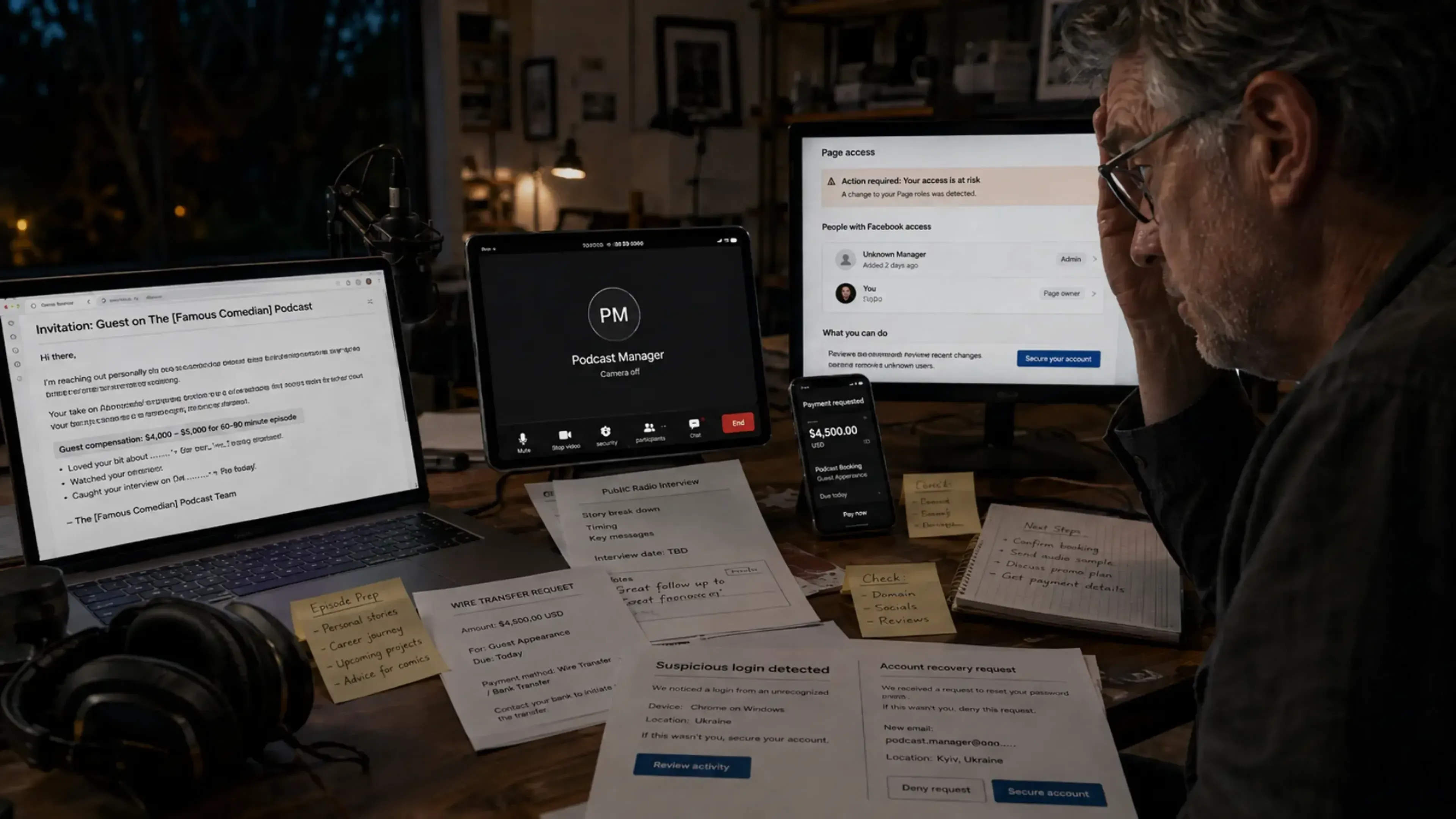 Hombre descubre una estafa de falsa invitación a un podcast: correos personalizados, videollamada con cámara apagada, solicitud de pago y alerta de acceso no autorizado a su cuenta de Facebook.