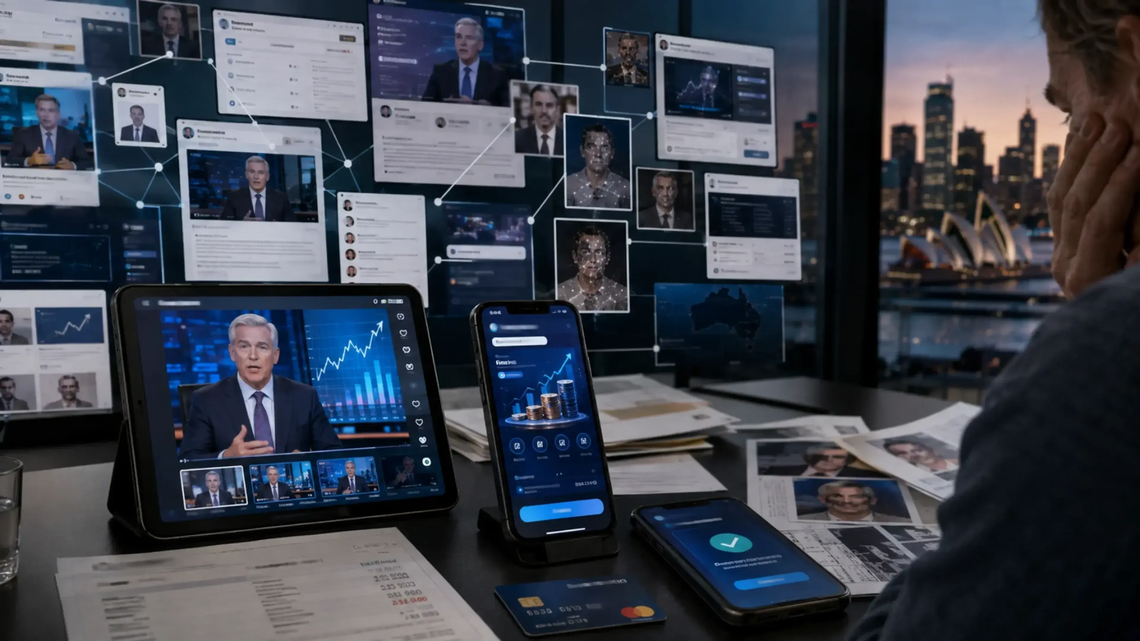 Red de estafas de inversión con deepfakes, falsos avales y plataformas fraudulentas generadas con IA, mientras una víctima observa el engaño con Sídney al fondo.