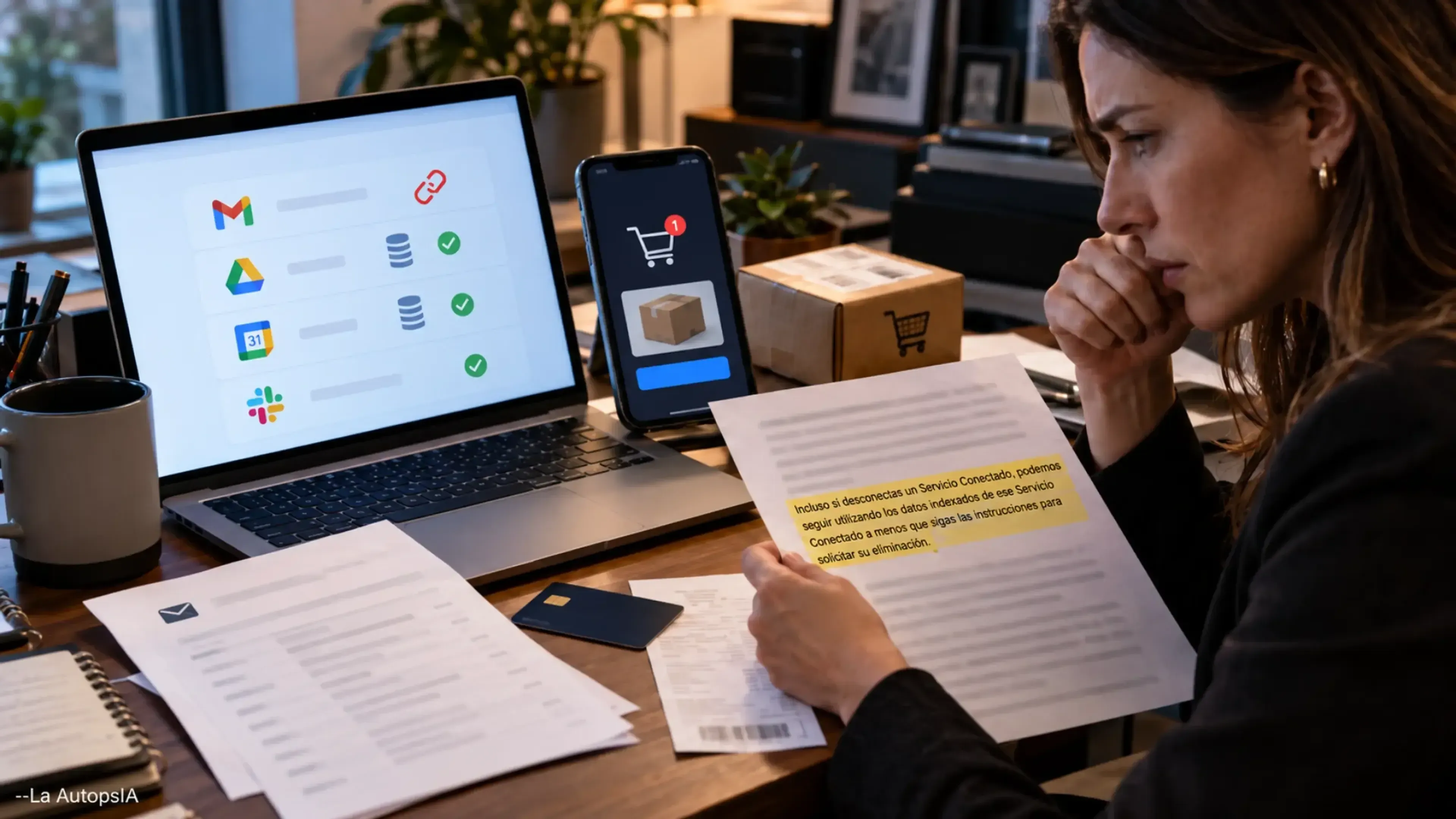 Mujer preocupada revisa un documento mientras observa un portátil con cuentas conectadas y un móvil con resumen de correos; sobre la mesa hay tarjeta, recibos y un paquete, en una escena sobre privacidad y compras no deseadas.