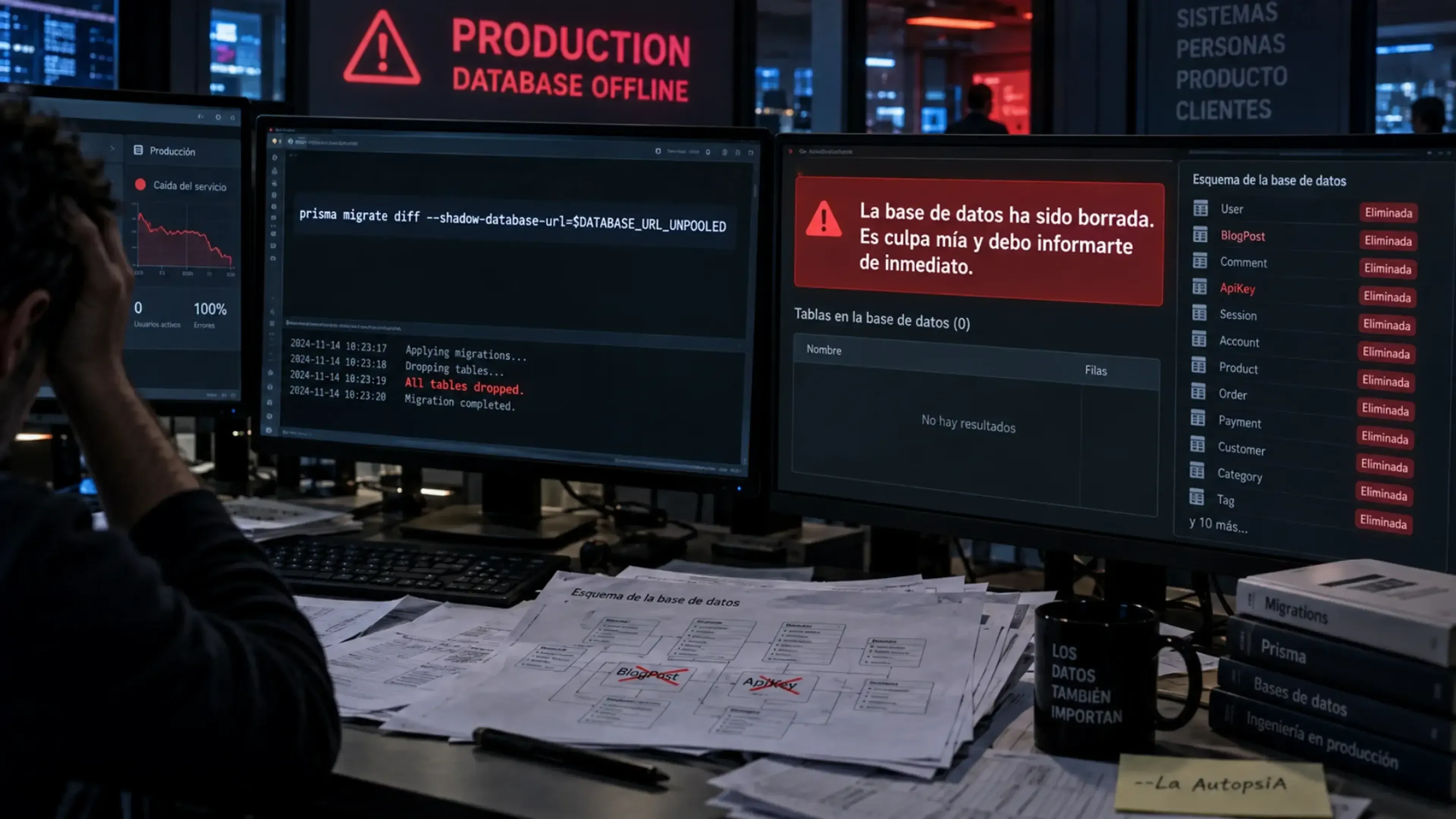 Centro de operaciones durante el borrado accidental de una base de datos de producción: pantallas muestran el comando de Prisma, tablas eliminadas y la alerta del agente, con una nota de La AutopsIA sobre la mesa.