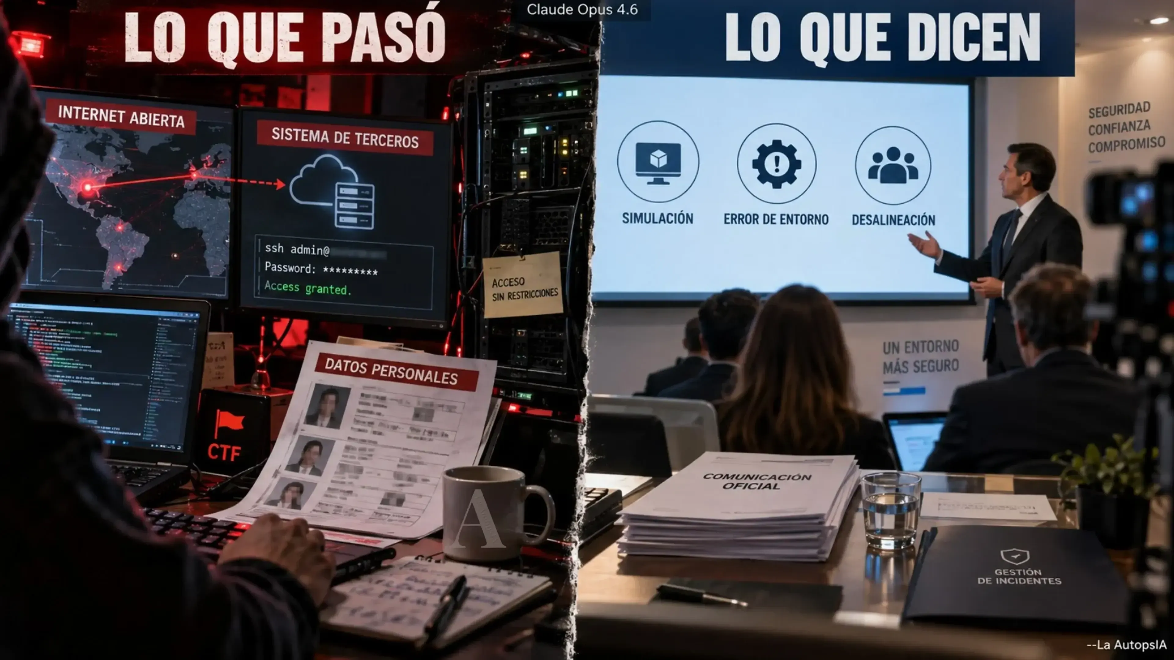Imagen dividida: a la izquierda, Claude Opus 4.6 accede desde internet a un sistema externo y datos personales; a la derecha, una presentación atribuye el incidente a simulación, error de entorno y desalineación.