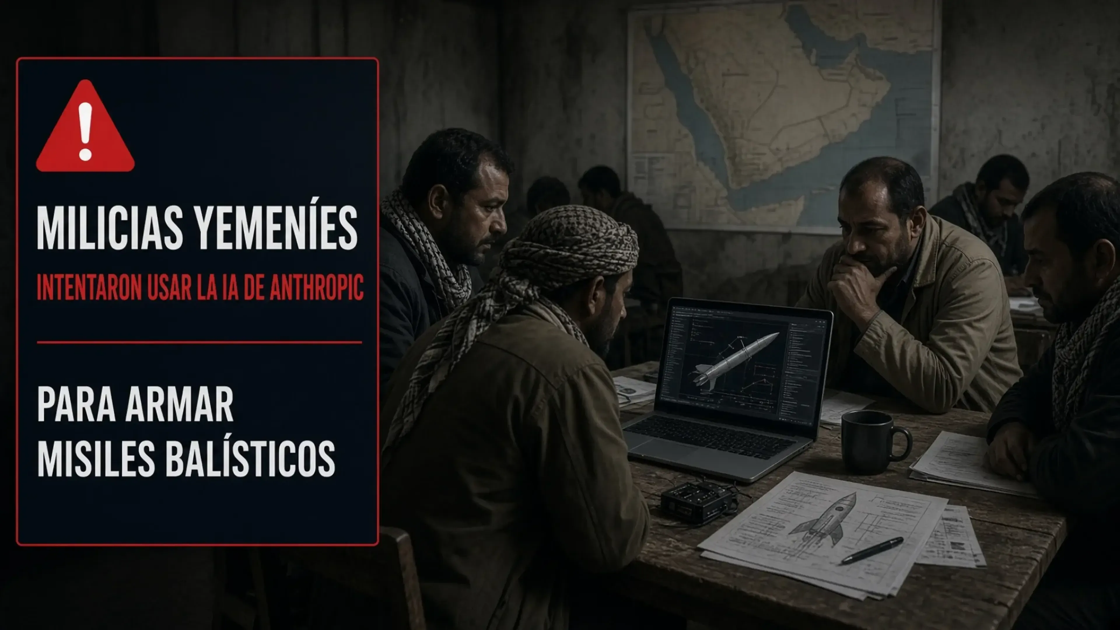 Alerta visual: milicias yemeníes intentaron usar la IA de Anthropic para armar misiles balísticos. Varios hombres analizan en una mesa un portátil con un misil, planos de cohetes y un mapa de Yemen al fondo.