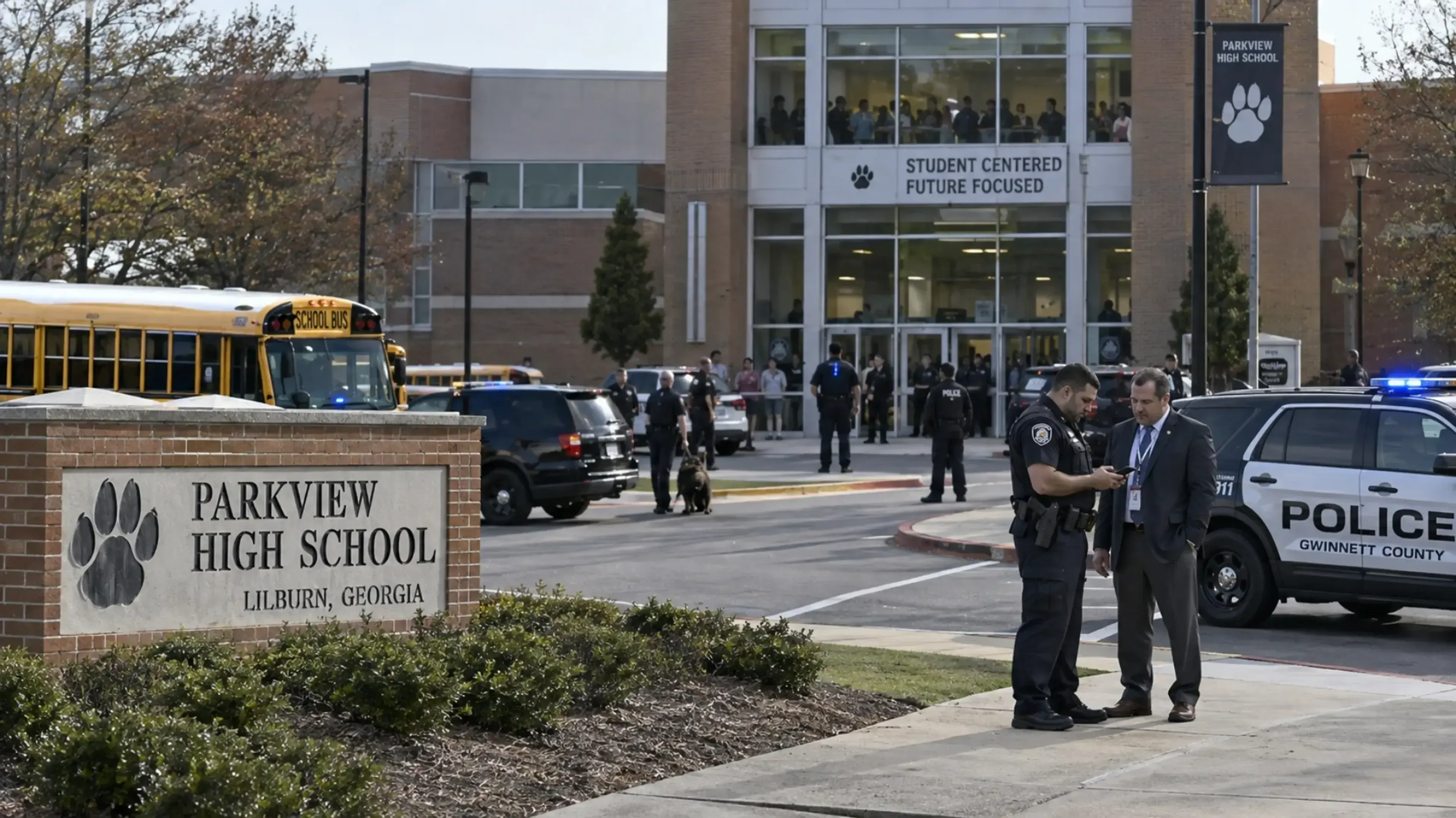 Policía y personal escolar frente a Parkview High School, en Lilburn, Georgia, durante una respuesta de seguridad tras amenazas telefónicas atribuidas al uso de inteligencia artificial.