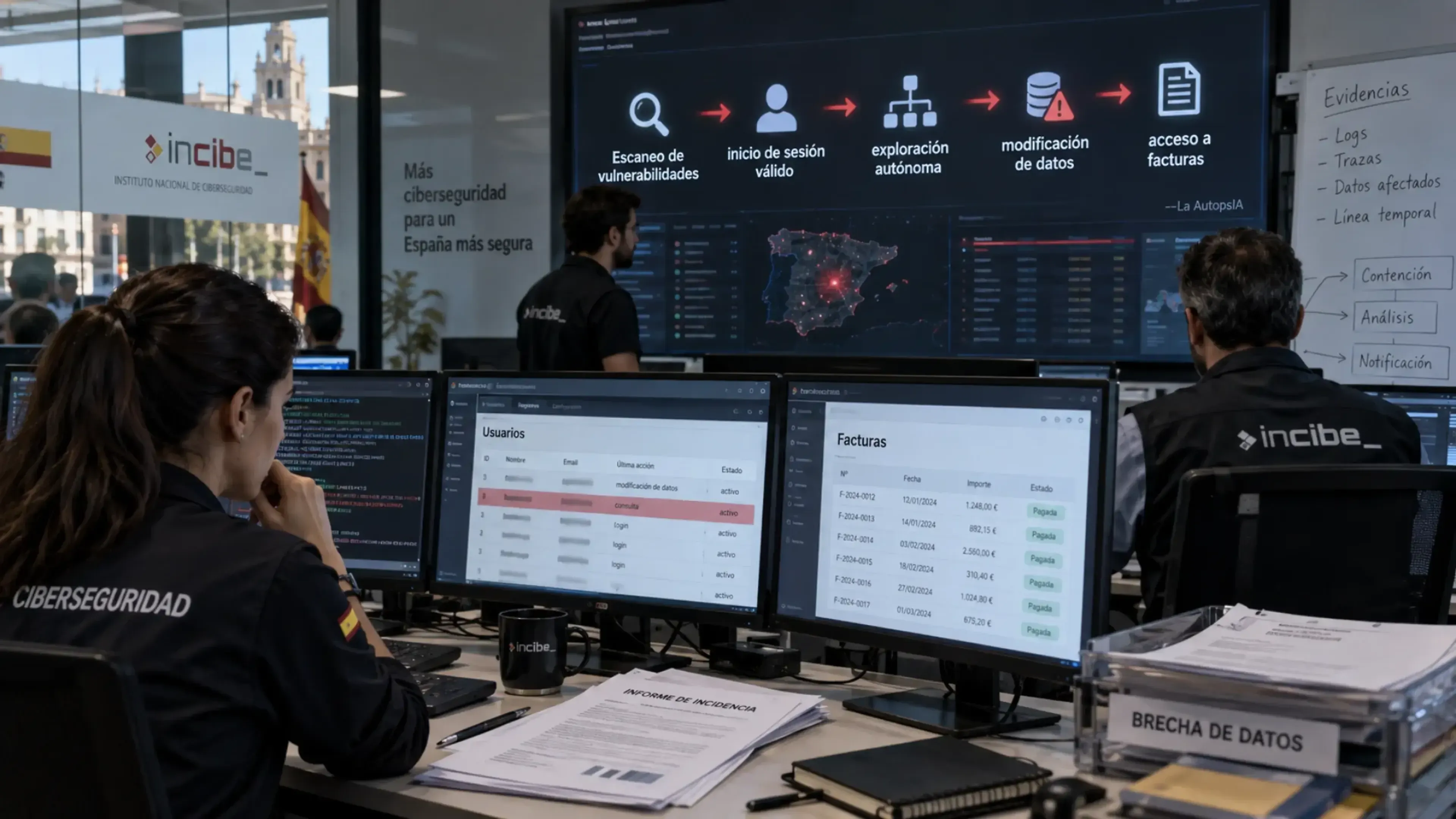Centro de operaciones de ciberseguridad en España, con varios analistas ante pantallas que muestran una cadena de ataque: escaneo de vulnerabilidades, acceso válido, exploración autónoma, modificación de datos y acceso a facturas.