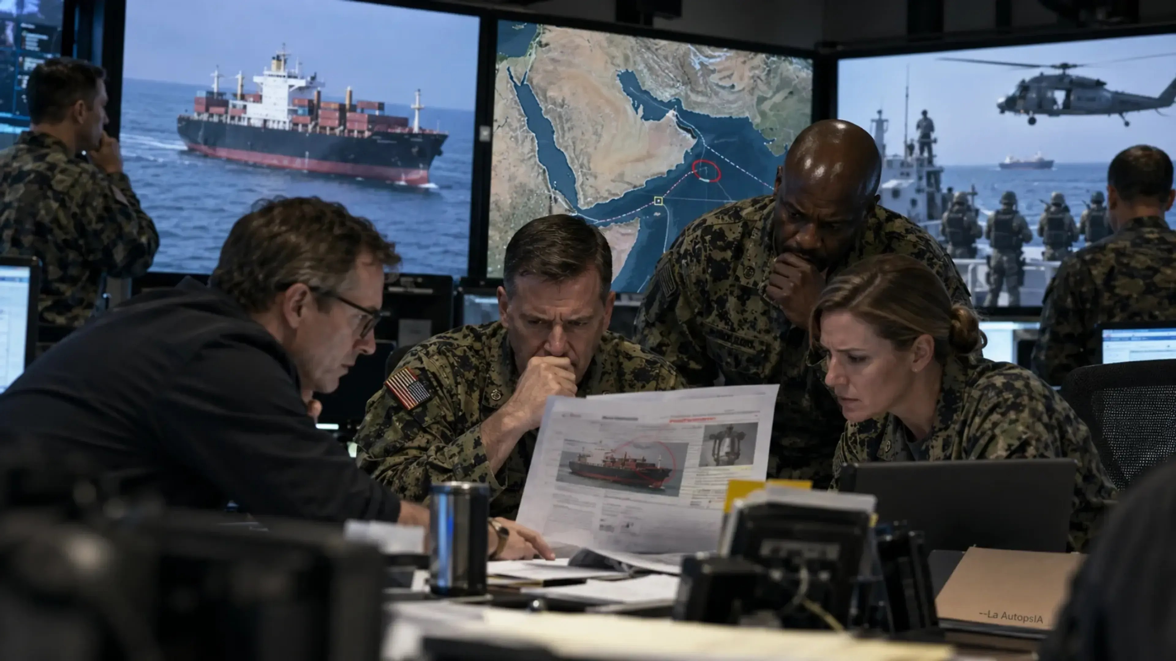 Sala de mando militar estadounidense analiza un informe sobre un buque chino en Oriente Medio, con mapas, imágenes del carguero y personal preparando una posible interceptación.