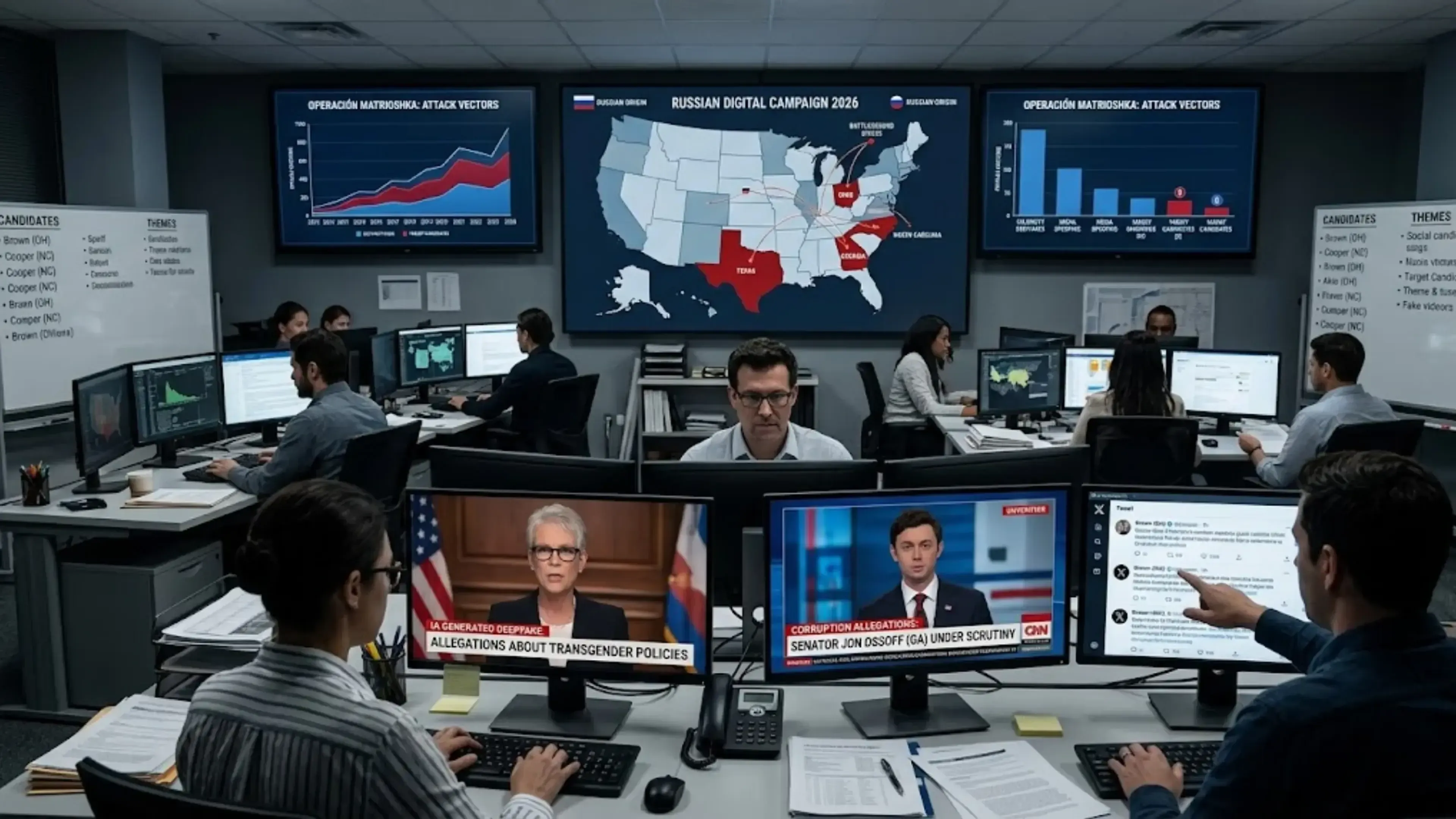 Analistas en sala de monitoreo rastrean la operación matrioshka, una campaña digital rusa de 2026 contra ee. uu. Pantallas muestran mapas y gráficos. Monitores de primer plano muestran deepfakes de jamie lee curtis y noticias sobre jon ossoff.