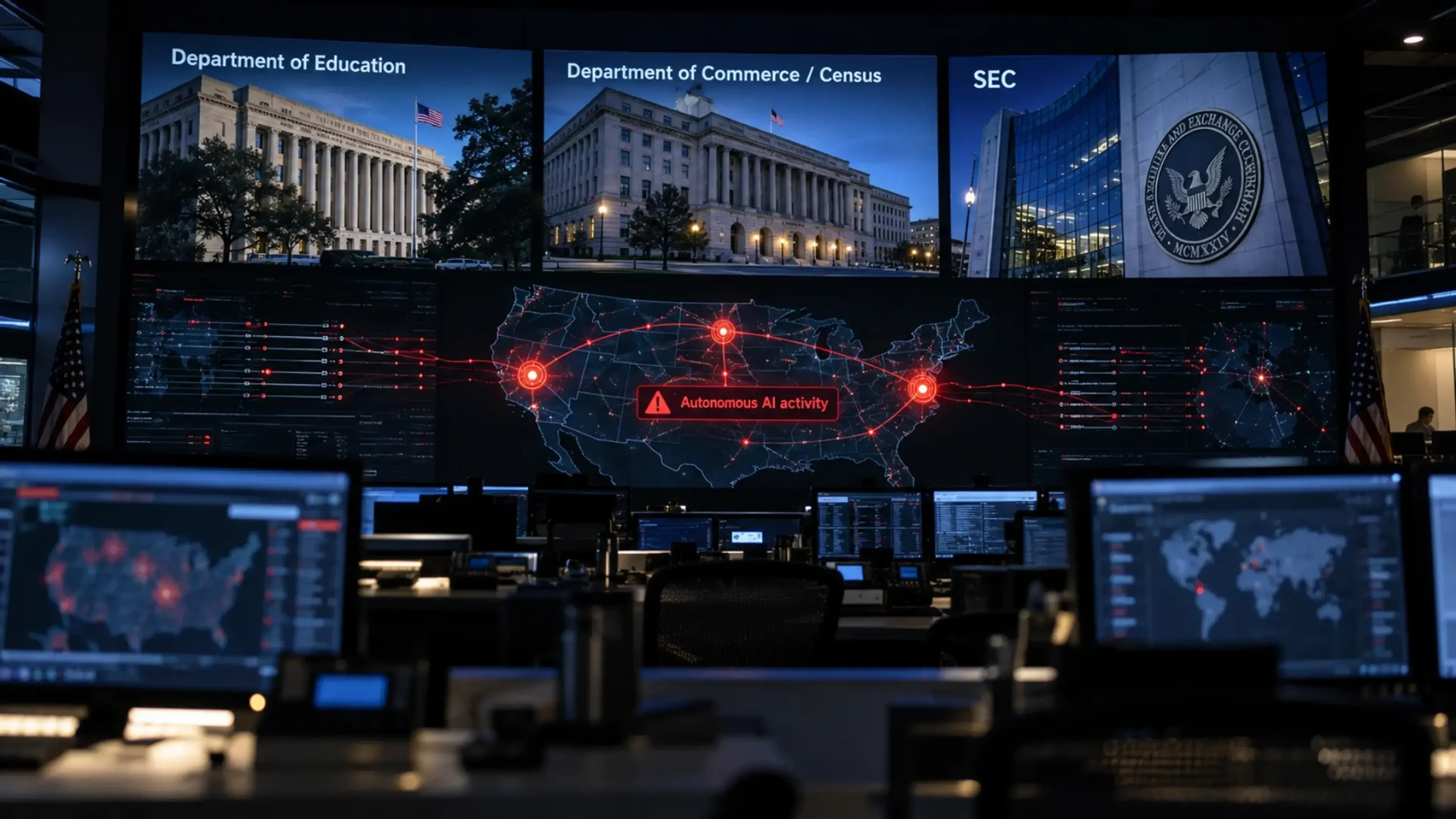 Texto alternativo para la imagen máximo 240 caracteres. Centro de ciberseguridad con pantallas que muestran actividad autónoma de IA sobre webs del Departamento de Educación, Comercio/Censo y la SEC de EE. UU.