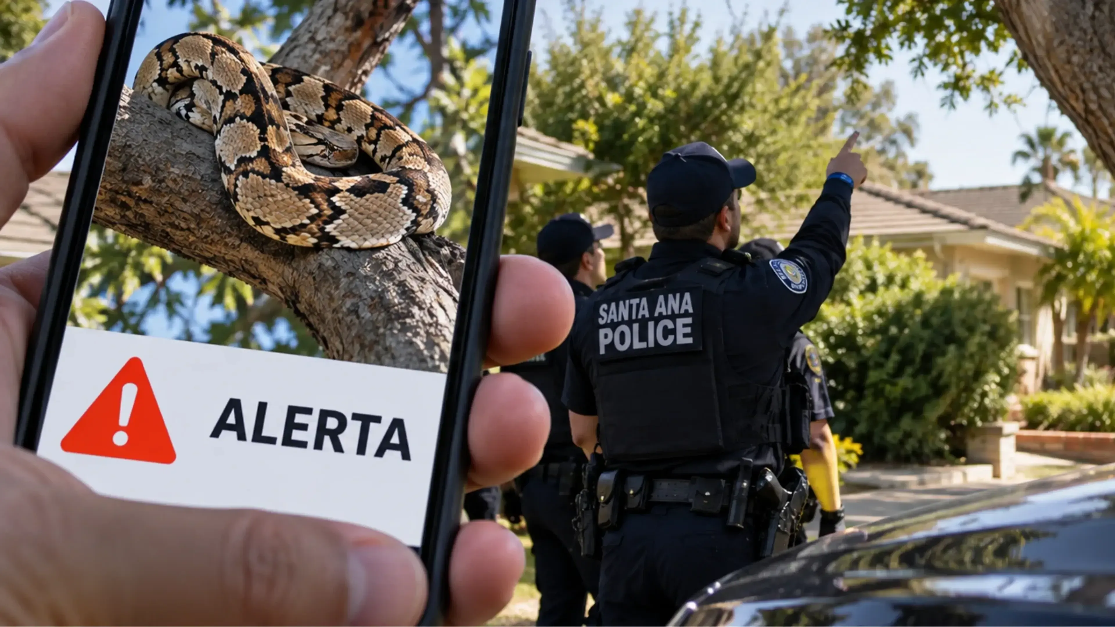 Texto alt para la imagen máximo 240 caracteres. Policías de Santa Ana inspeccionan un árbol tras una falsa alerta por una víbora mortal, mientras un móvil muestra la imagen generada con IA que originó el aviso.