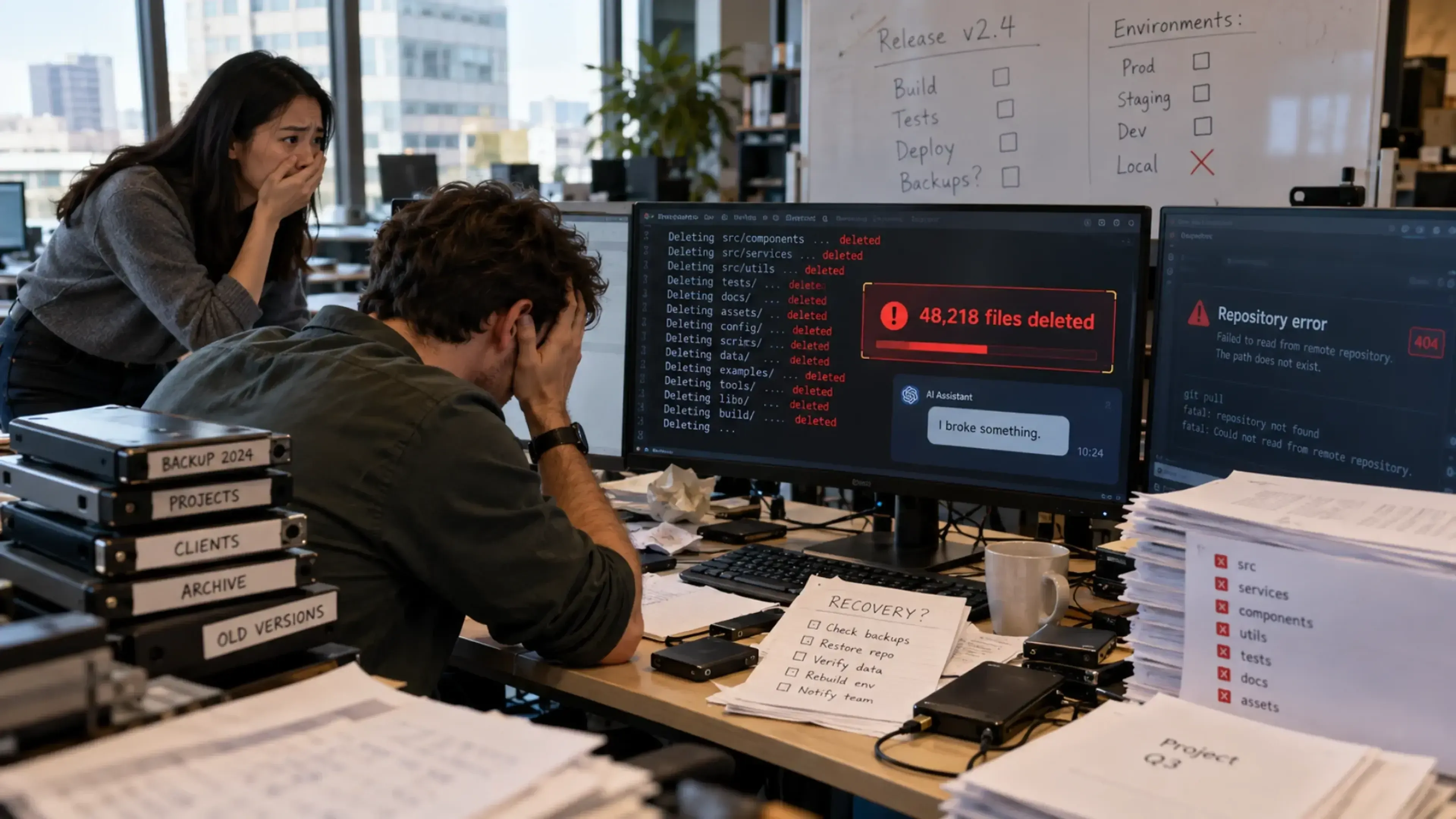 Dos trabajadores en una oficina observan con angustia varias pantallas que muestran borrado masivo de archivos, aviso de “48.218 archivos eliminados” y error del repositorio, con discos de copia y papeles de recuperación sobre la mesa.