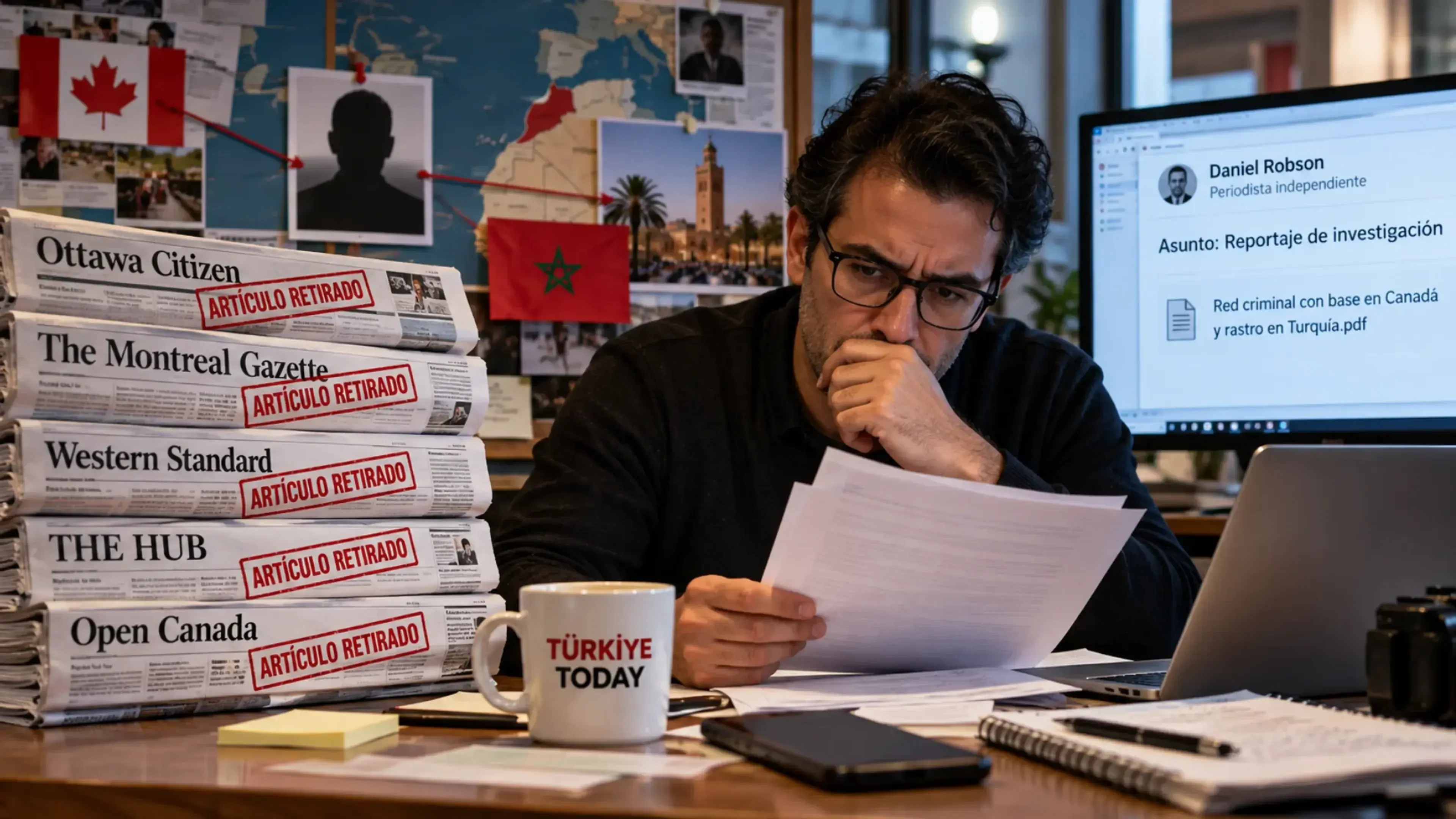 Un editor examina documentos en una redacción. A su lado, periódicos canadienses con el sello «Artículo retirado» y un correo de Daniel Robson ilustran el caso de artículos presuntamente creados con IA bajo una identidad falsa.