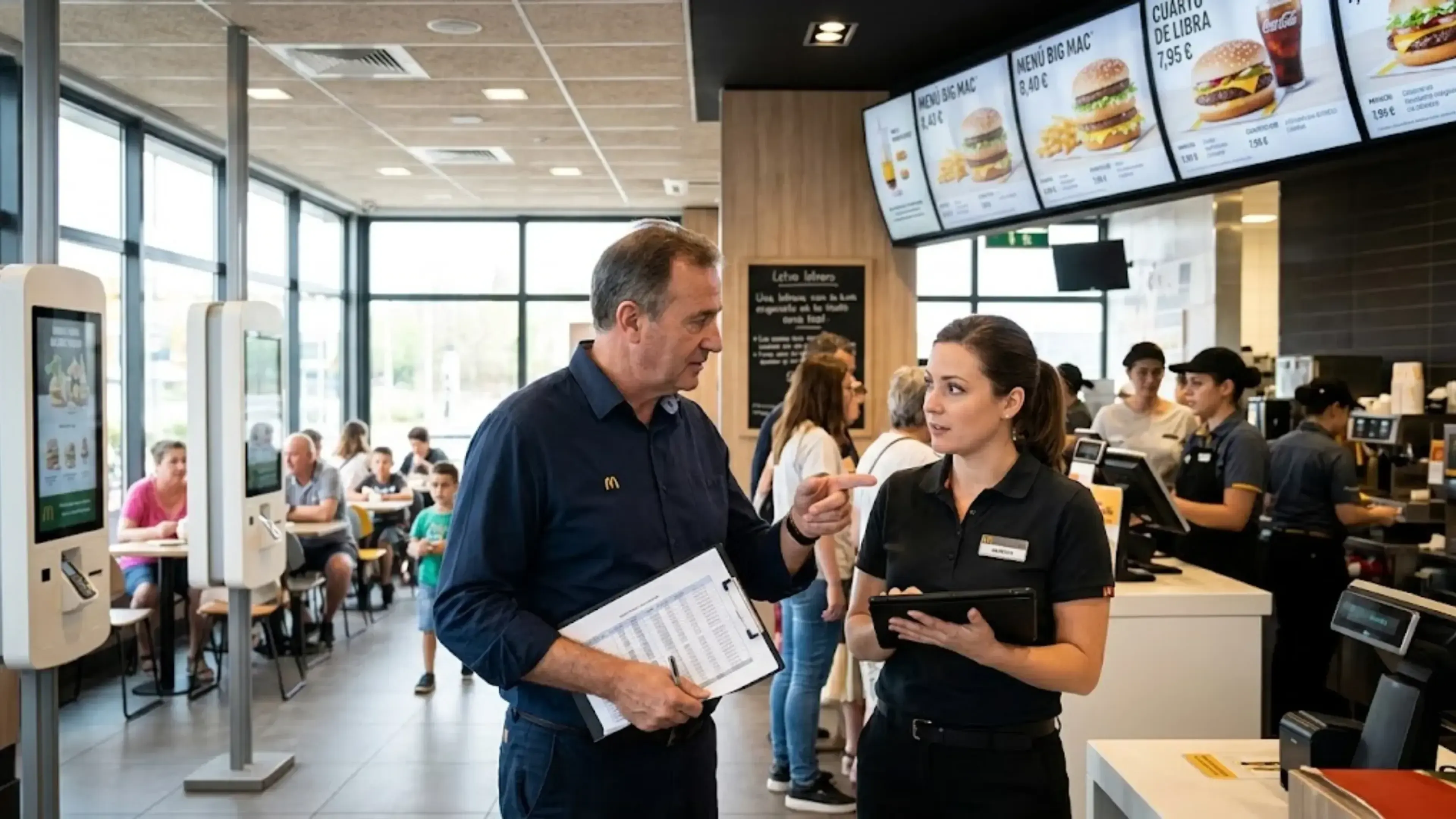 Un gerente de McDonald's con un portapapeles conversa con una empleada que sostiene una tablet en la zona de cajas. Al fondo se observan quioscos de autoservicio, pantallas con el menú y clientes en el restaurante.