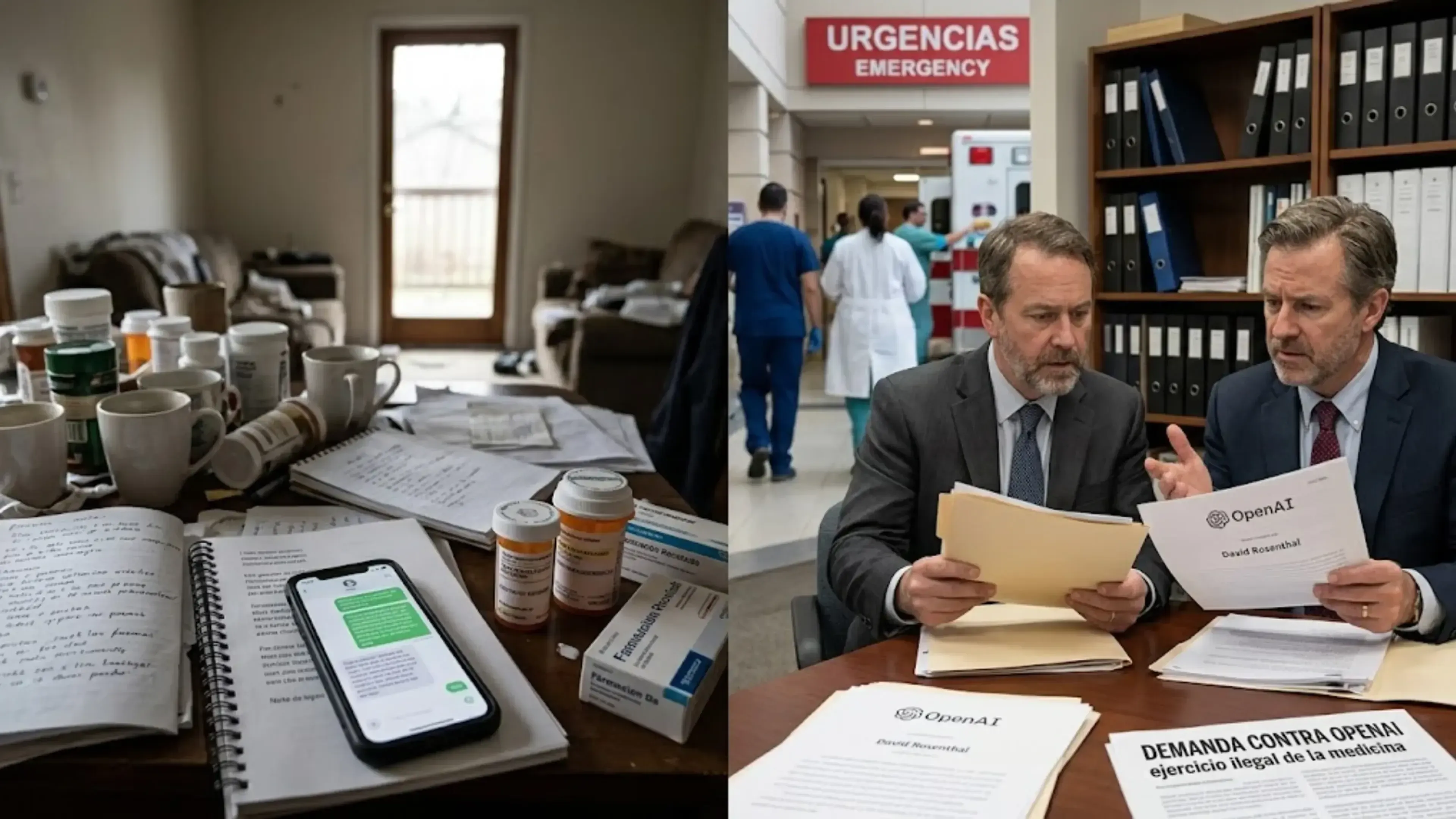 Escena dividida con medicamentos, notas y móvil en una mesa; pasillo de Urgencias al centro; y dos hombres revisando documentos de OpenAI y una demanda relacionada con el ejercicio ilegal de la medicina.