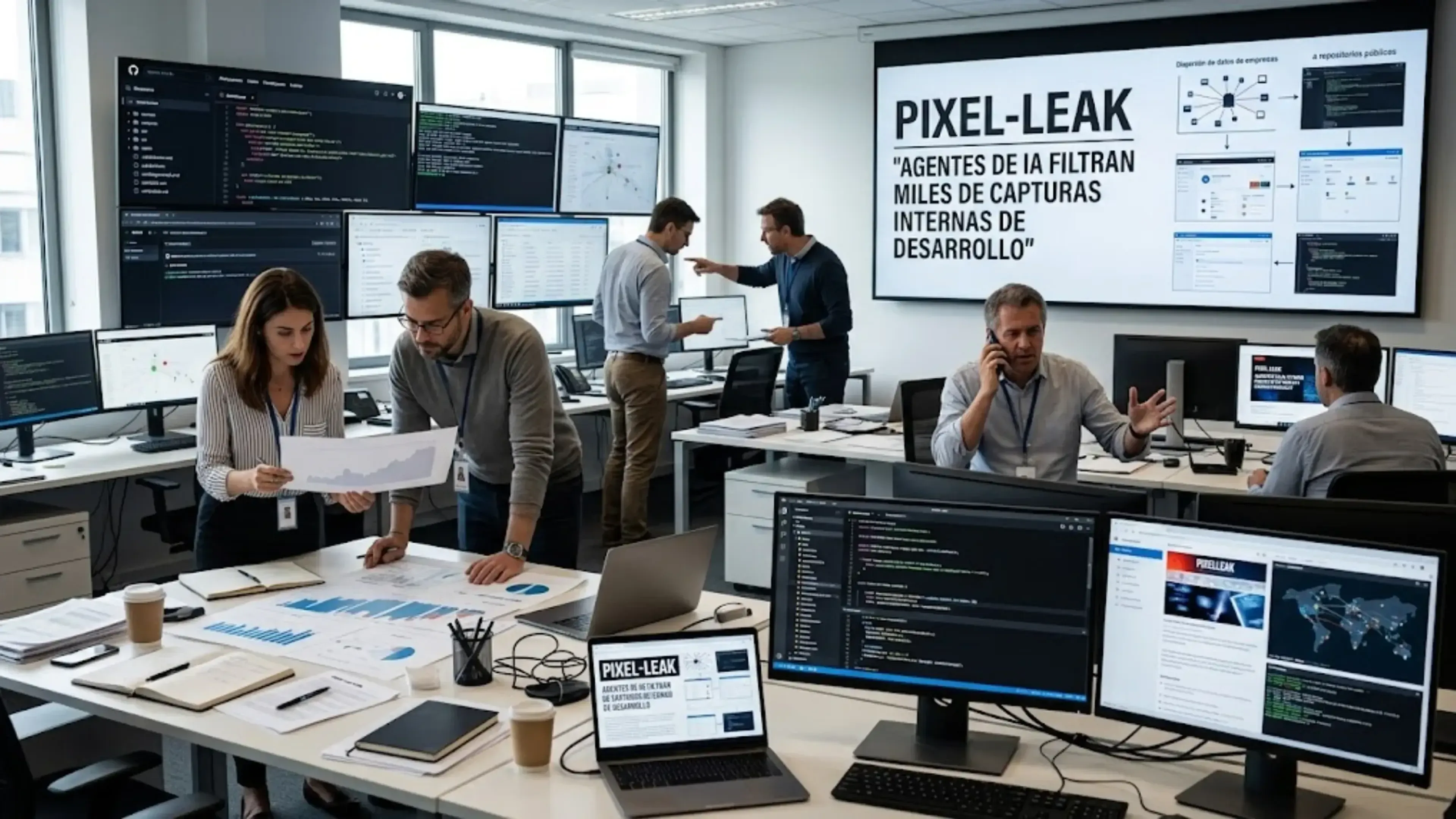 Sala de ciberseguridad y desarrollo donde un equipo analiza la filtración PixelLeak, con pantallas que muestran esquemas de transferencia de capturas privadas a repositorios públicos de GitHub.