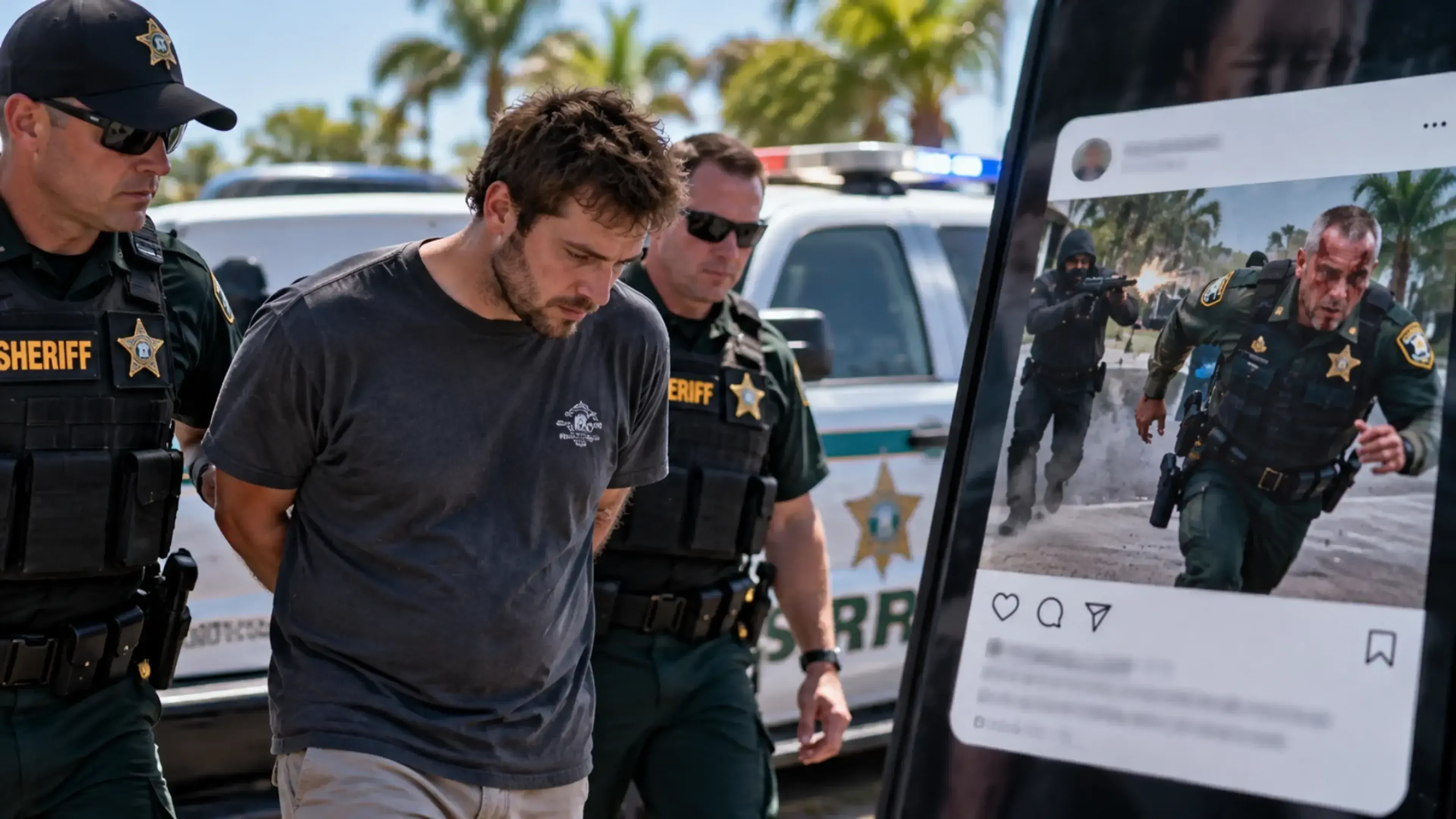Recreación periodística de la detención de un hombre en Florida, escoltado por agentes del sheriff junto a un vehículo policial. A la derecha, una publicación en redes muestra una imagen violenta generada con IA contra un sheriff.