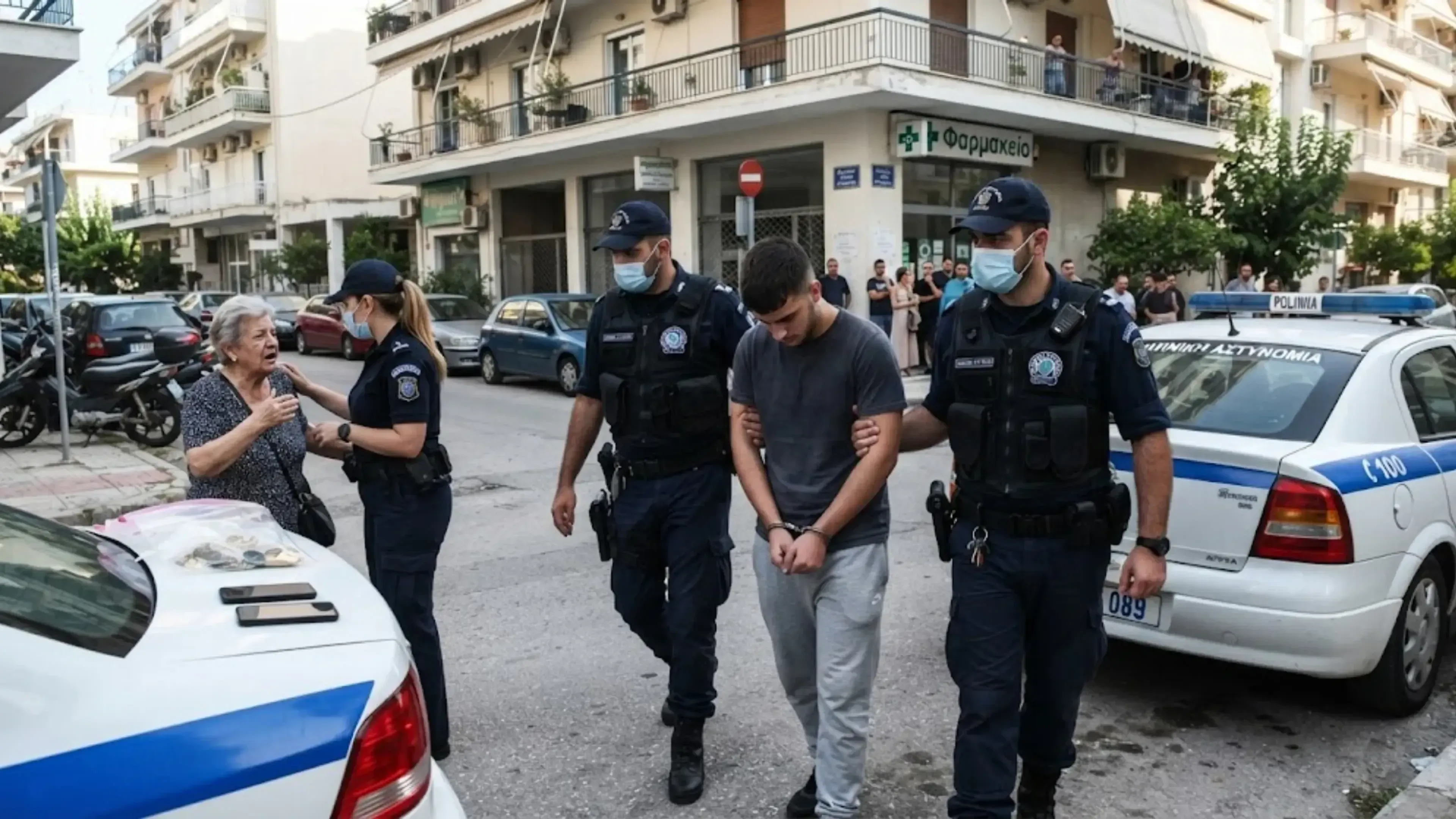 Dos policías griegos con mascarillas escoltan a un joven esposado en una calle de Atenas. A la izquierda, una mujer mayor angustiada habla con una agente junto a un coche patrulla con joyas recuperadas sobre el capó. Edificios y curiosos al fondo.