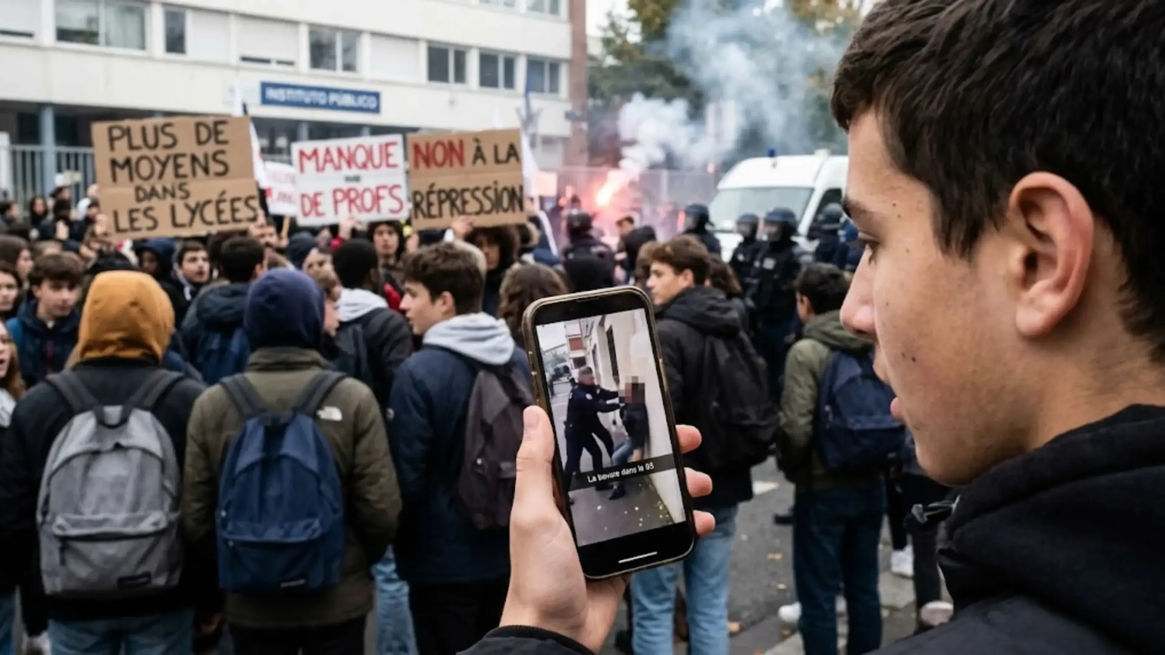 Joven ve en su móvil una detención policial. Detrás hay una protesta de estudiantes con pancartas en francés pidiendo más recursos y el fin de la represión, junto a policías antidisturbios y humo de bengalas.