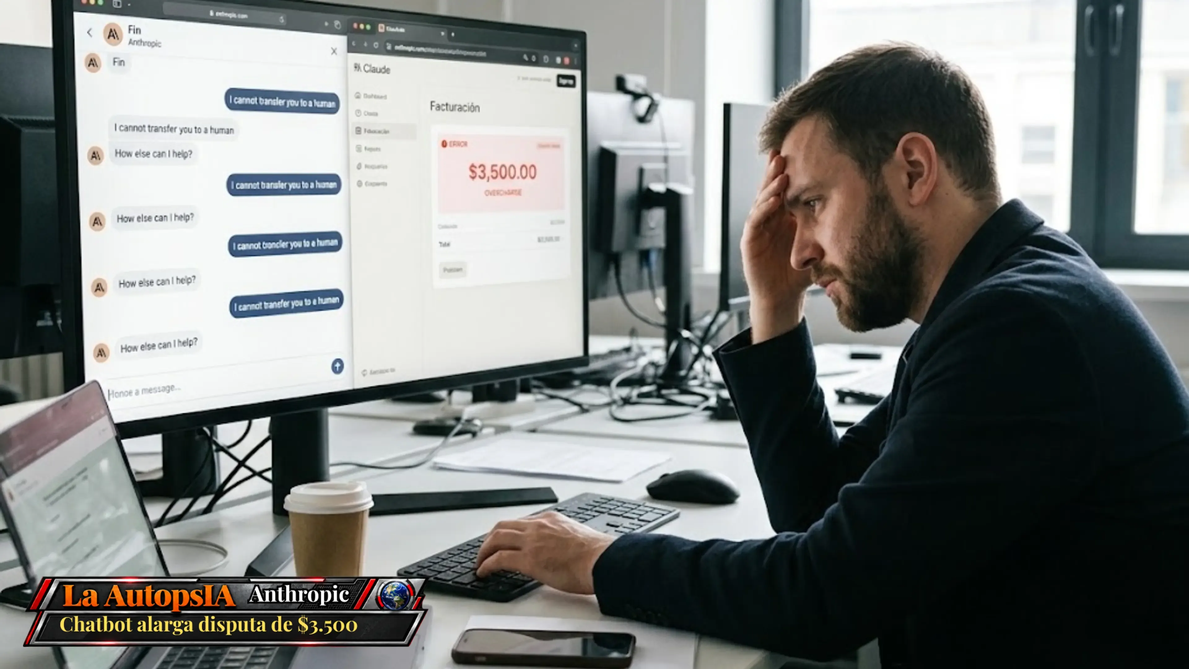 Foto periodística de un hombre estresado ante la pantalla con un chat circular de IA y un error de facturación de 3.500$ en Claude. Se lleva la mano a la frente con desesperación en su oficina, rodeado de tecnología y papeles.
