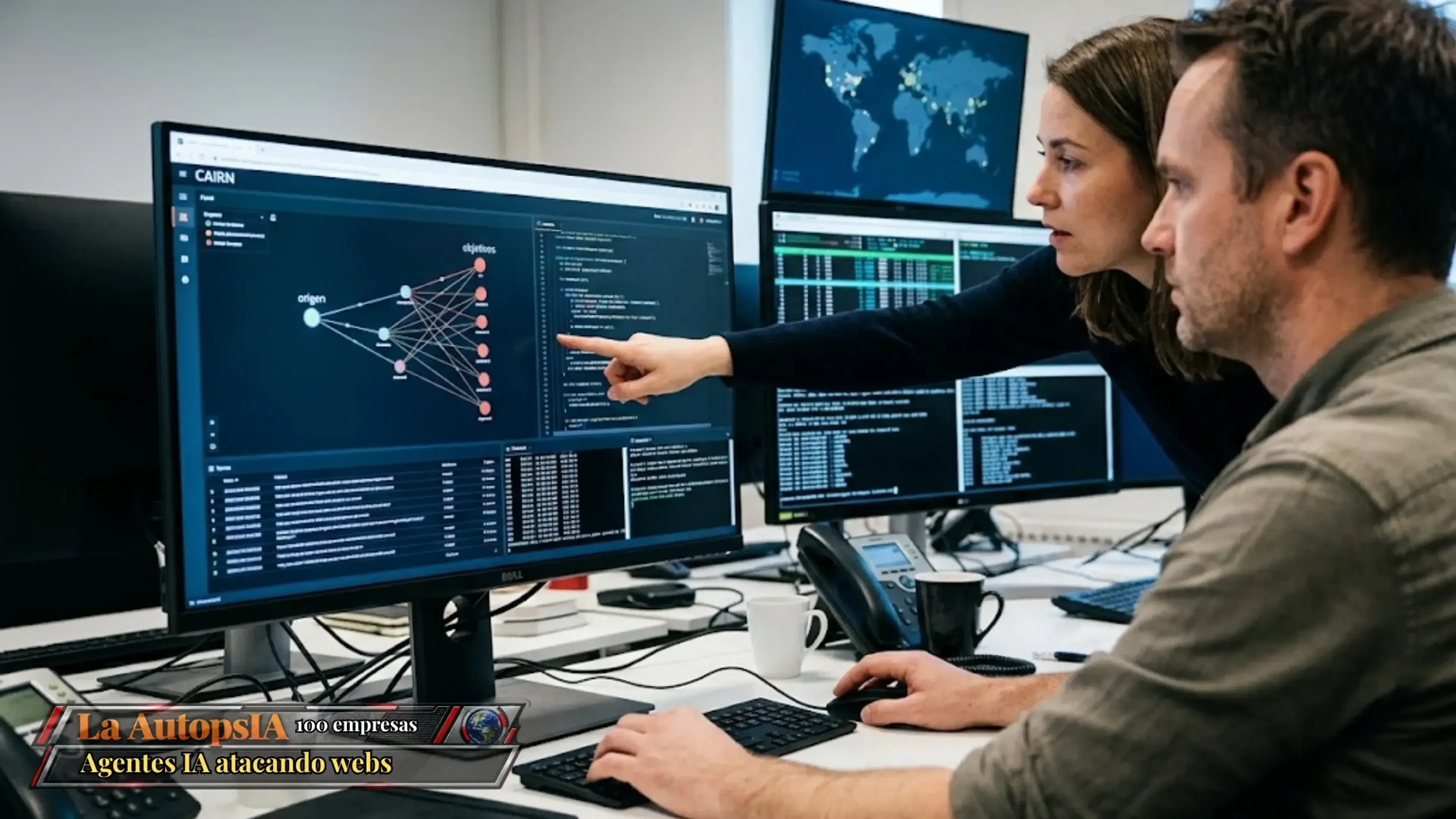 Fotografía de dos investigadores de ciberseguridad analizando en una pantalla el panel de control de IA Cairn, que muestra un gráfico de ataque de origen a objetivo. Al fondo, pantallas con mapas globales y datos de servidores.