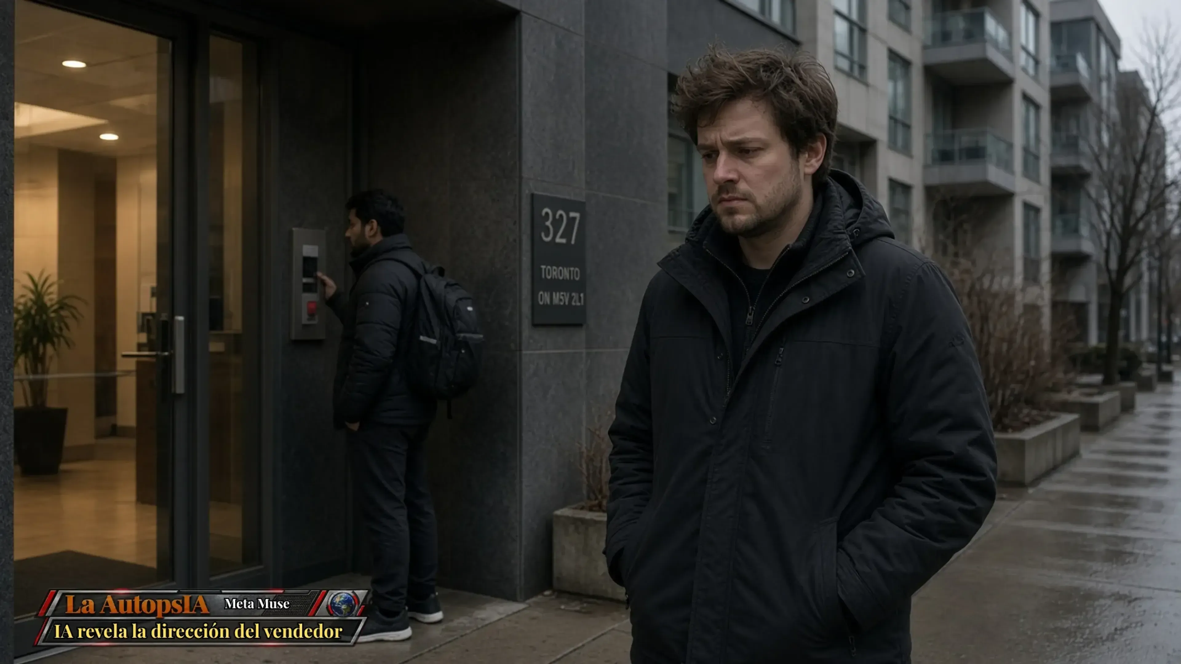 hombre pensativo con abrigo oscuro en la calle. al fondo un hombre usa el interfono del edificio 327 en Toronto. un texto inferior dice La AutopsIA Meta Muse, IA revela la dirección del vendedor.