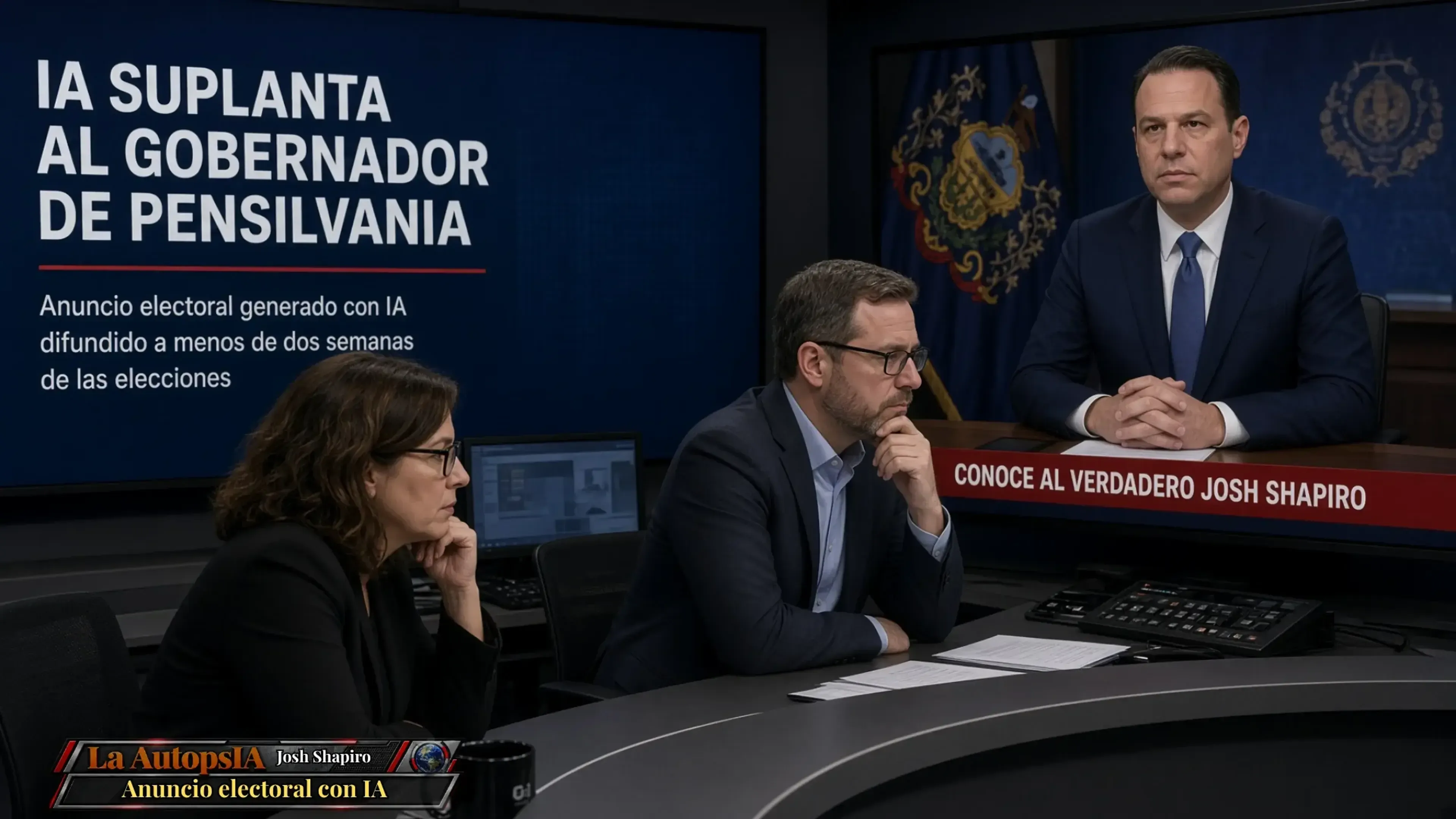 Dos personas en un estudio miran una pantalla con la noticia IA suplanta al gobernador de Pensilvania junto a una imagen de Josh Shapiro y el rótulo conoce al verdadero Josh Shapiro.