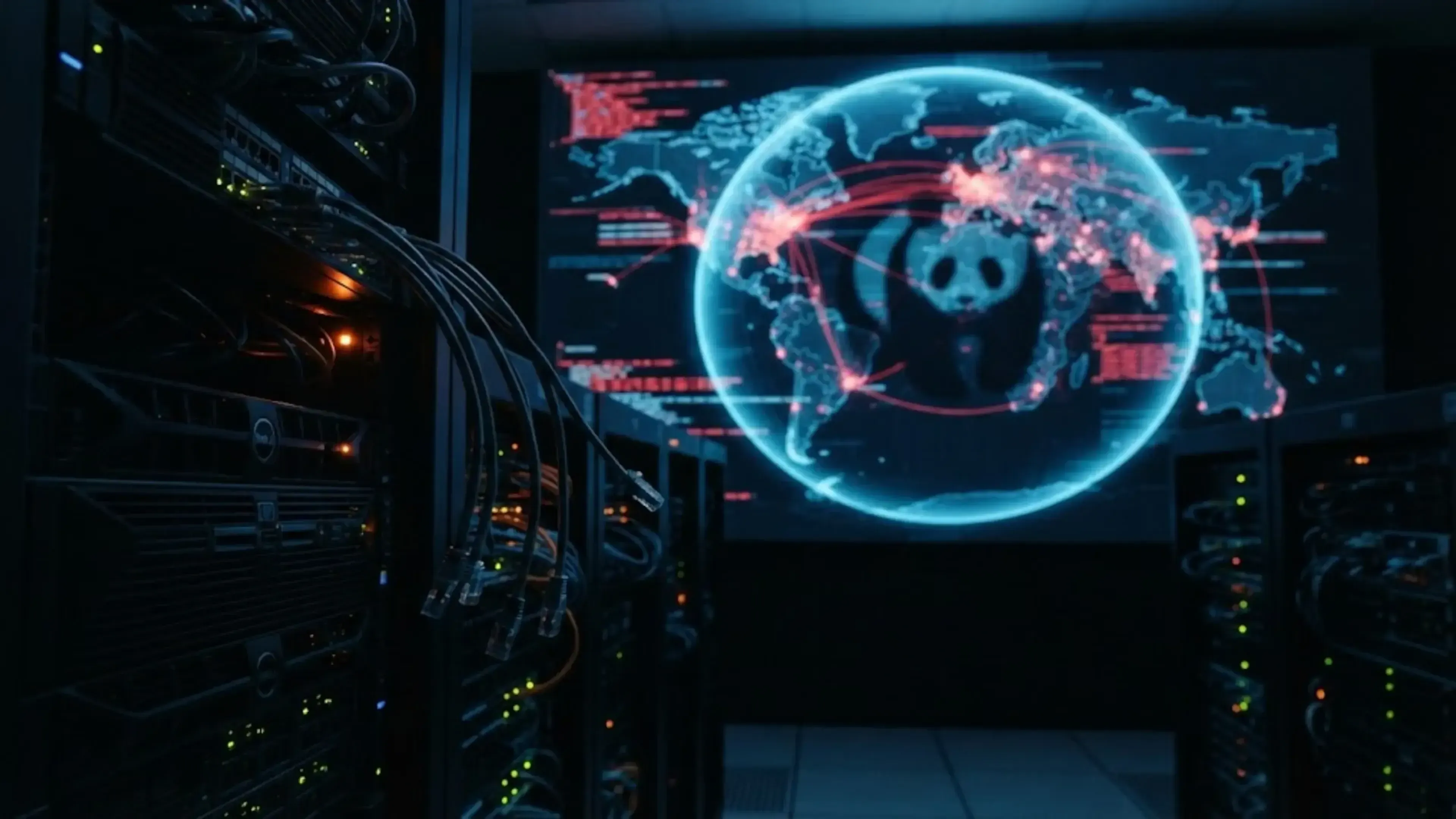 Servidores informáticos en primer plano en una sala de datos a oscuras mientras al fondo una pantalla muestra un mapa global interactivo con conexiones de ciberataques intercontinentales.