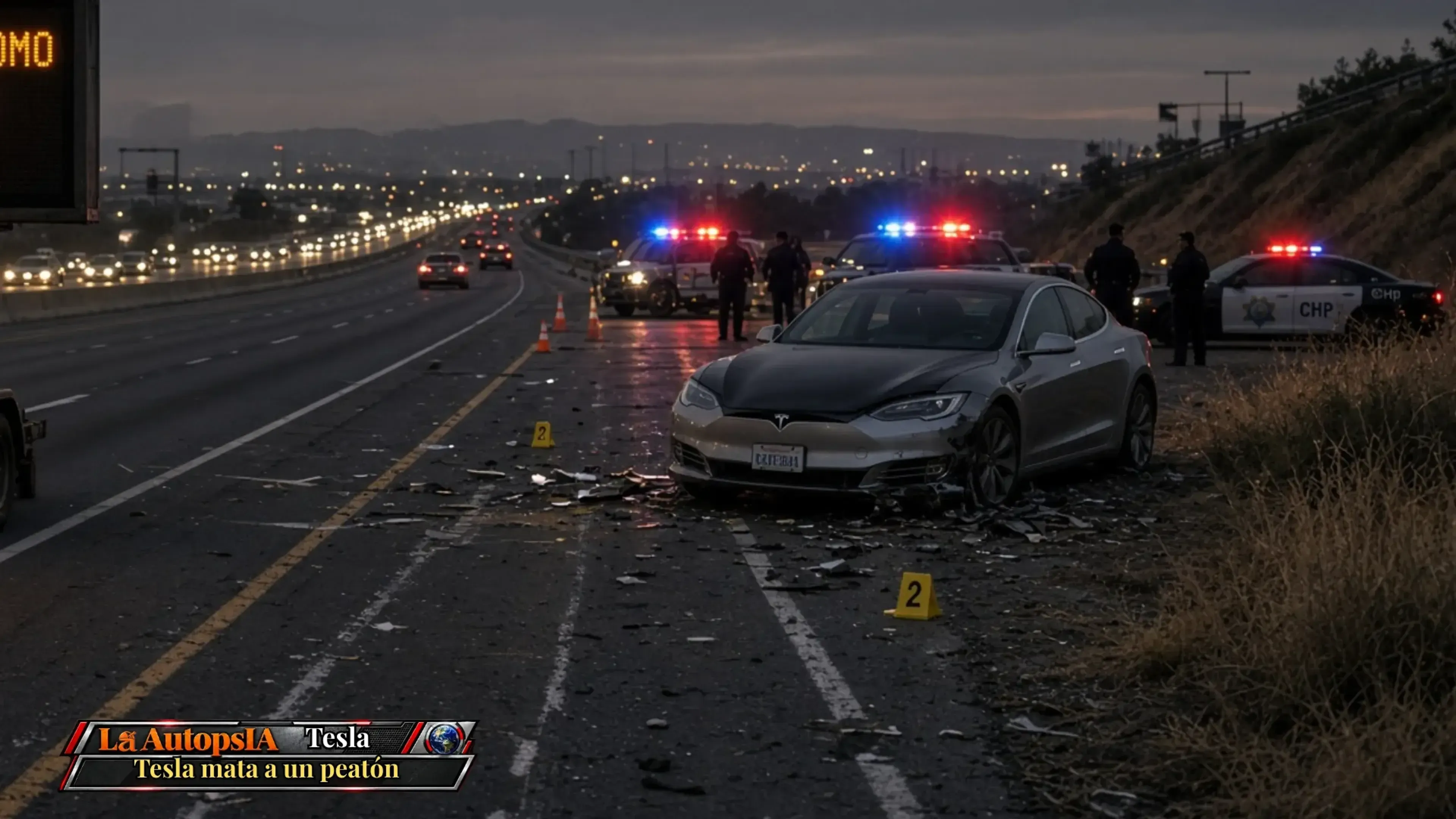 tesla gris con daños frontales parado en una autopista de noche. hay restos en el asfalto y policía con luces de emergencia al fondo. un texto inferior dice la autopsia tesla, tesla mata a un peatón.