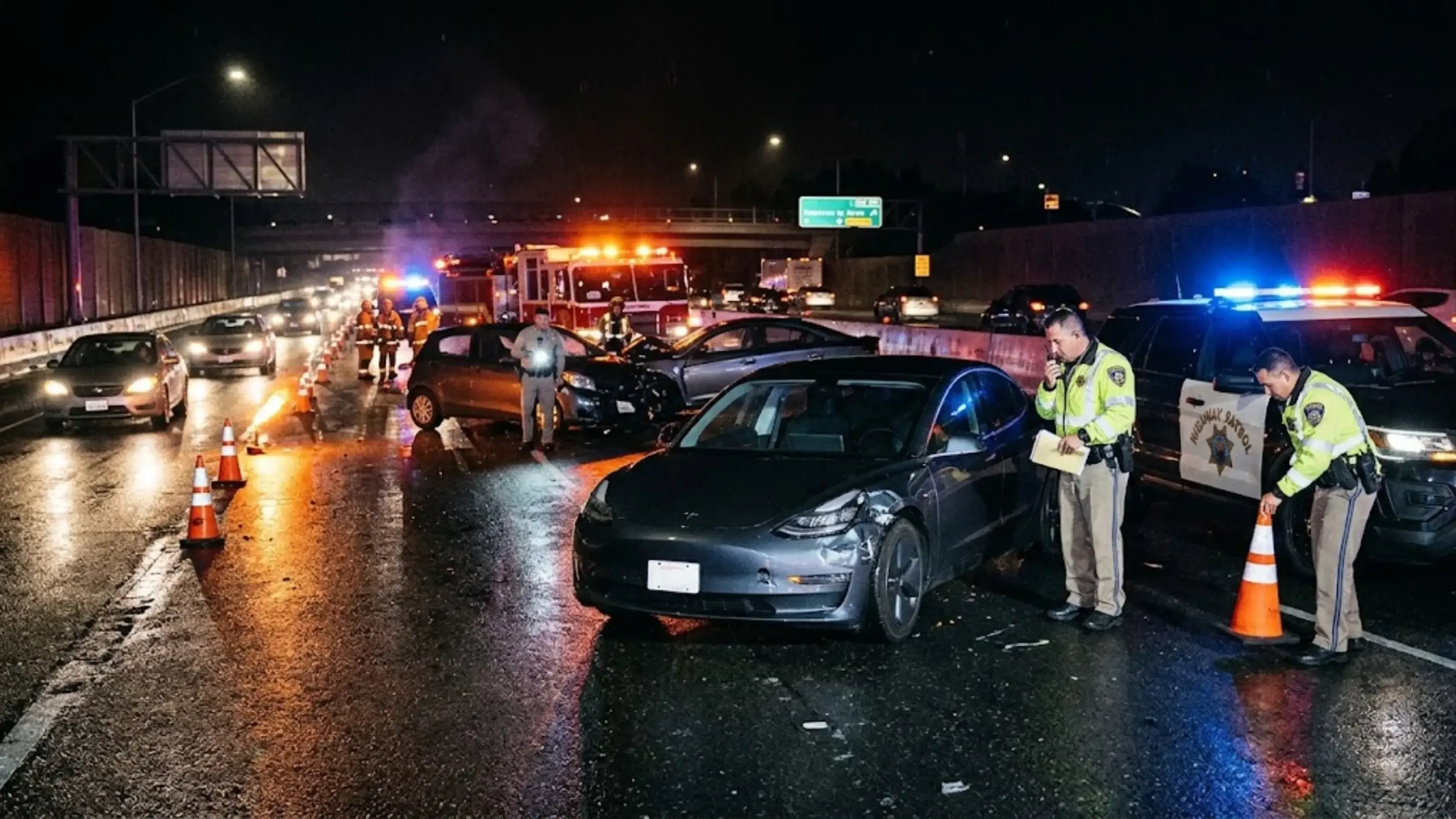 Agentes de la patrulla de carreteras investigan de noche un accidente en la autopista, donde un coche eléctrico dañó un patrullero tras saltarse el perímetro de seguridad.