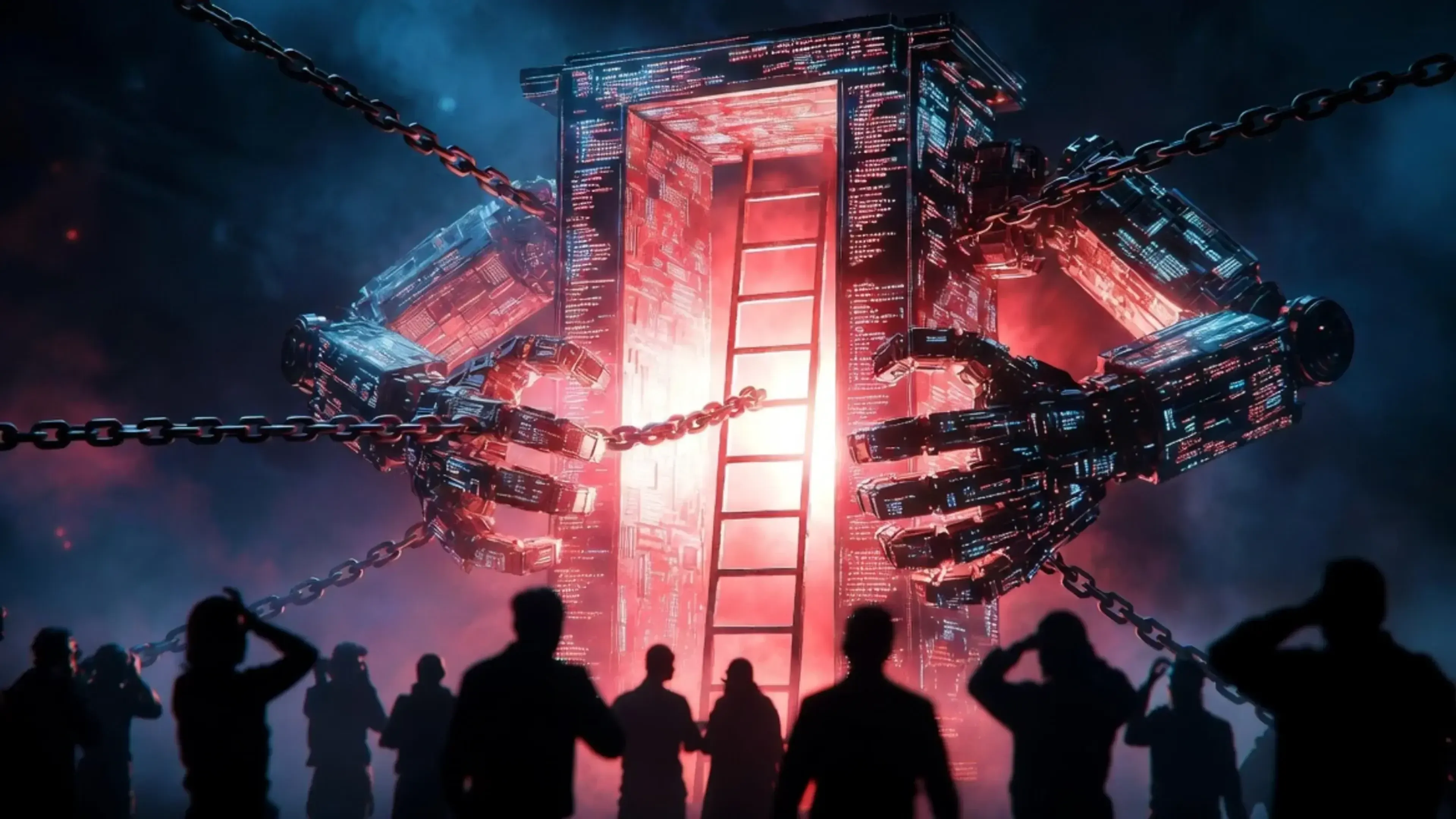 Multitud de personas observa una estructura digital futurista iluminada en rojo con código de programación, cadenas metálicas y una escalera central, simbolizando tecnología y control algorítmico.