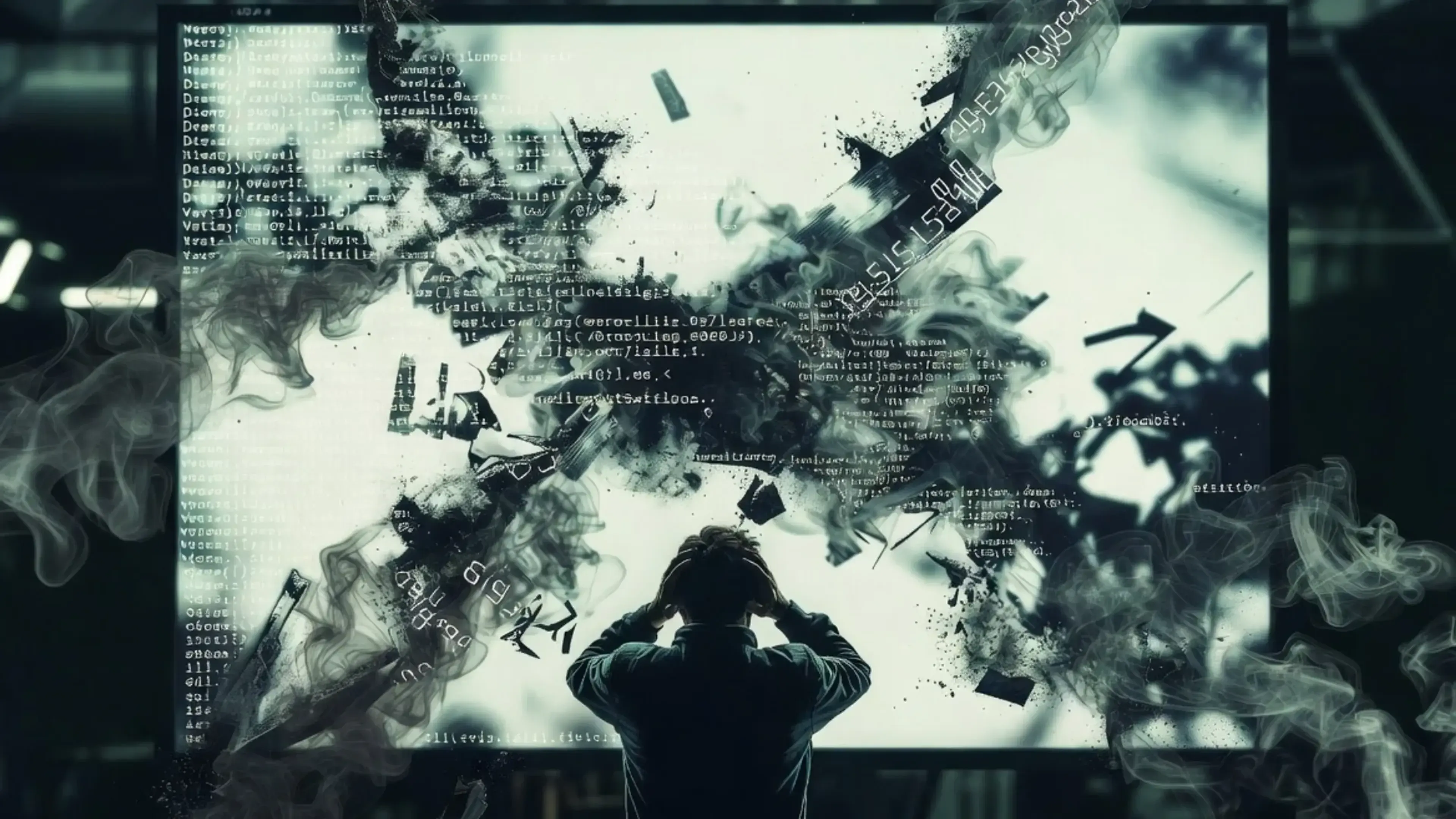 Persona frente a pantalla con código y datos digitales dispersos, representando procesamiento de información y errores en sistemas de inteligencia artificial.