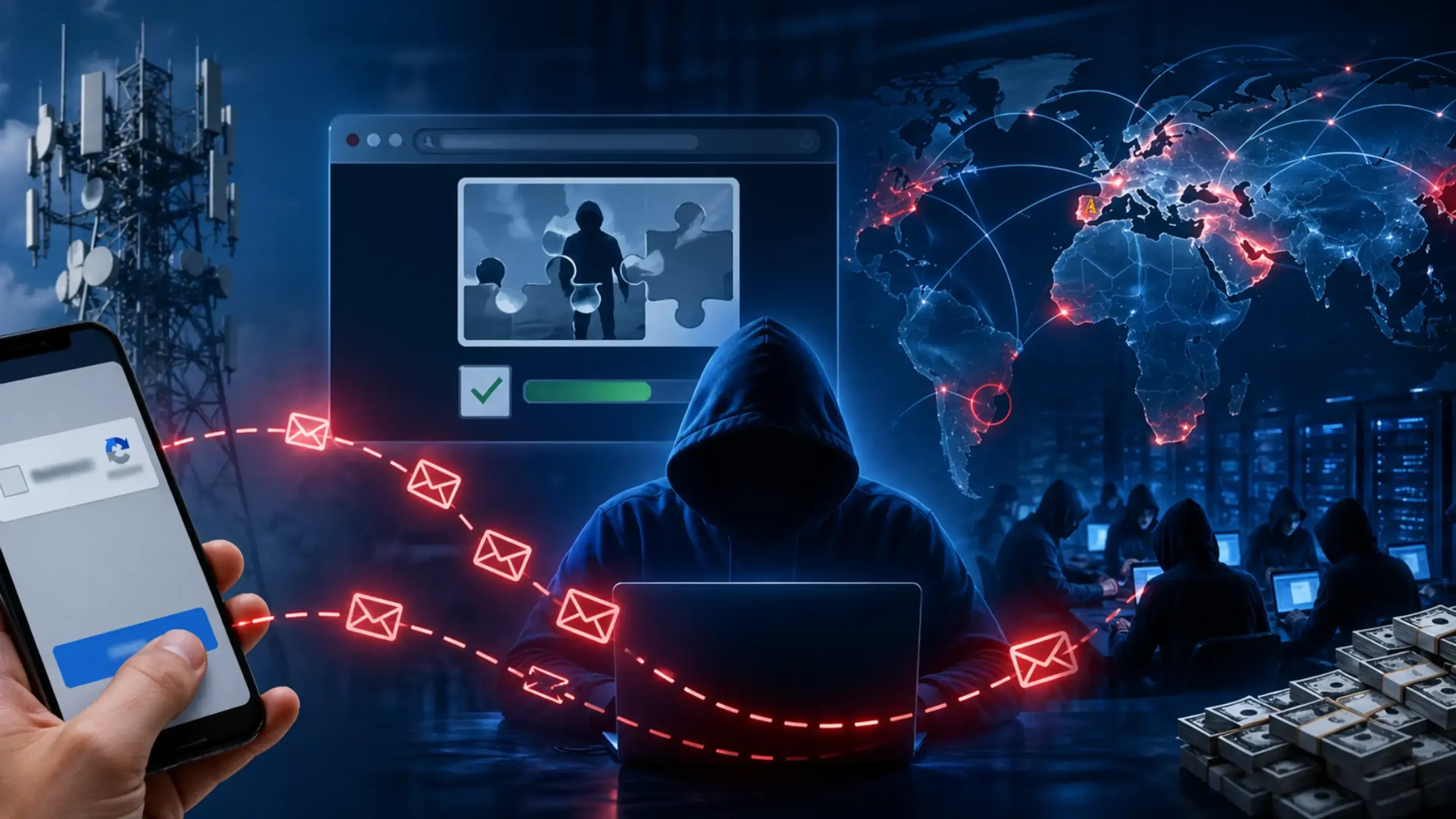 Hacker anónimo con capucha usa un portátil en una sala de servidores. Mapa mundial muestra una red de ciberataques. Usa un móvil para enviar emails maliciosos. Una antena de telefonía y fajos de dinero representan la infraestructura y el lucro.