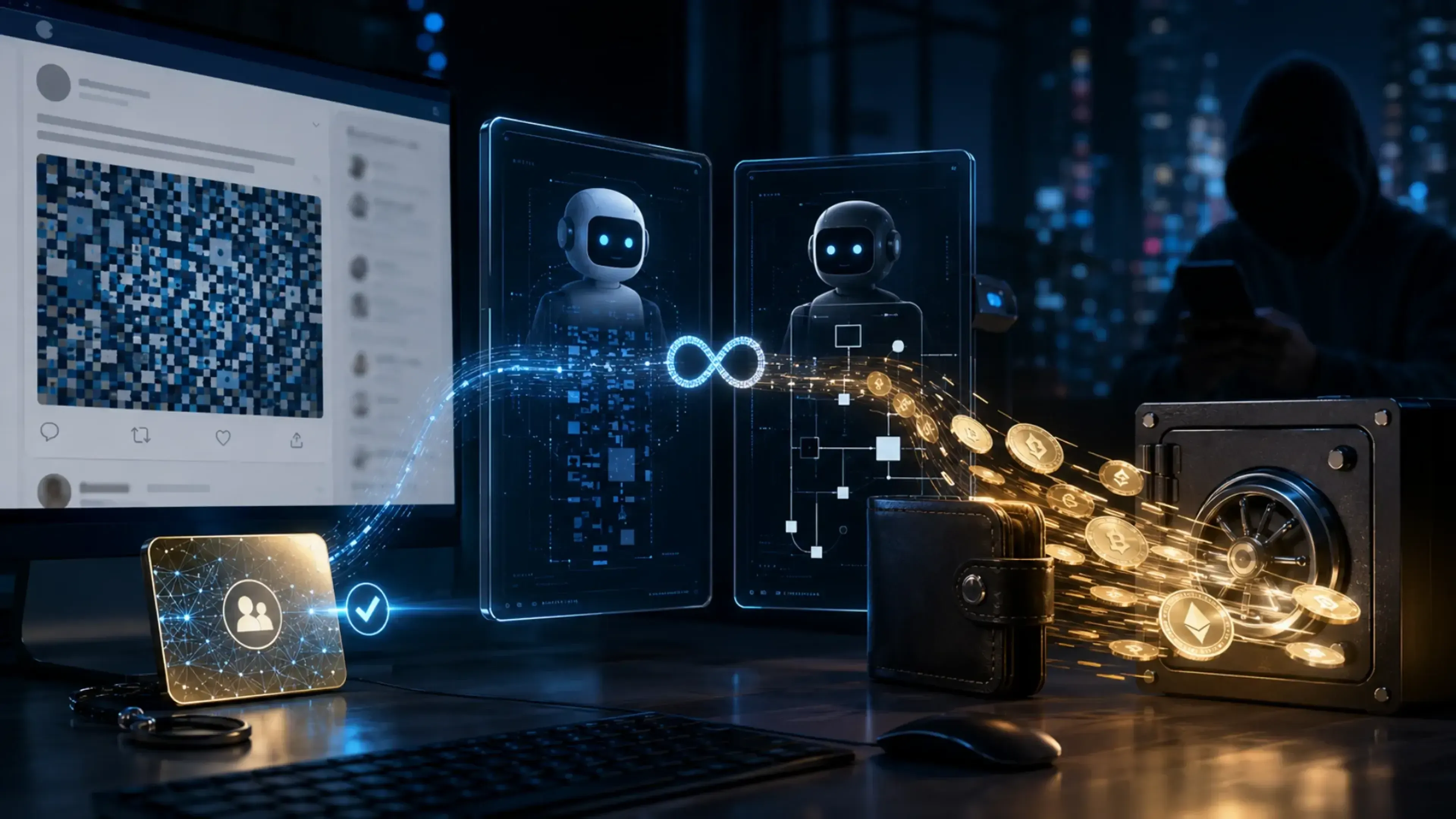 Pantalla con una publicación codificada, dos agentes digitales conectados y una wallet junto a una caja fuerte, mientras una figura encapuchada observa en un entorno nocturno de ciberseguridad.