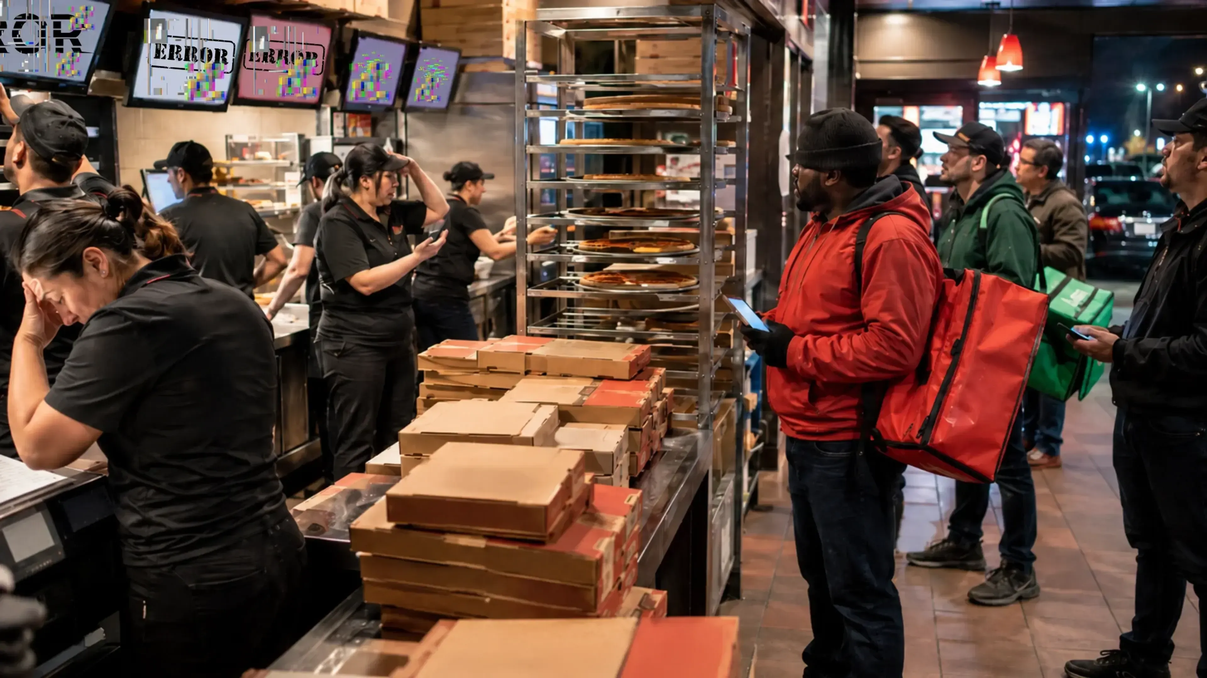 Pizzería saturada durante hora punta, con empleados bajo presión, cajas acumuladas, pizzas esperando en bandejas y repartidores mirando sus móviles mientras aguardan pedidos.