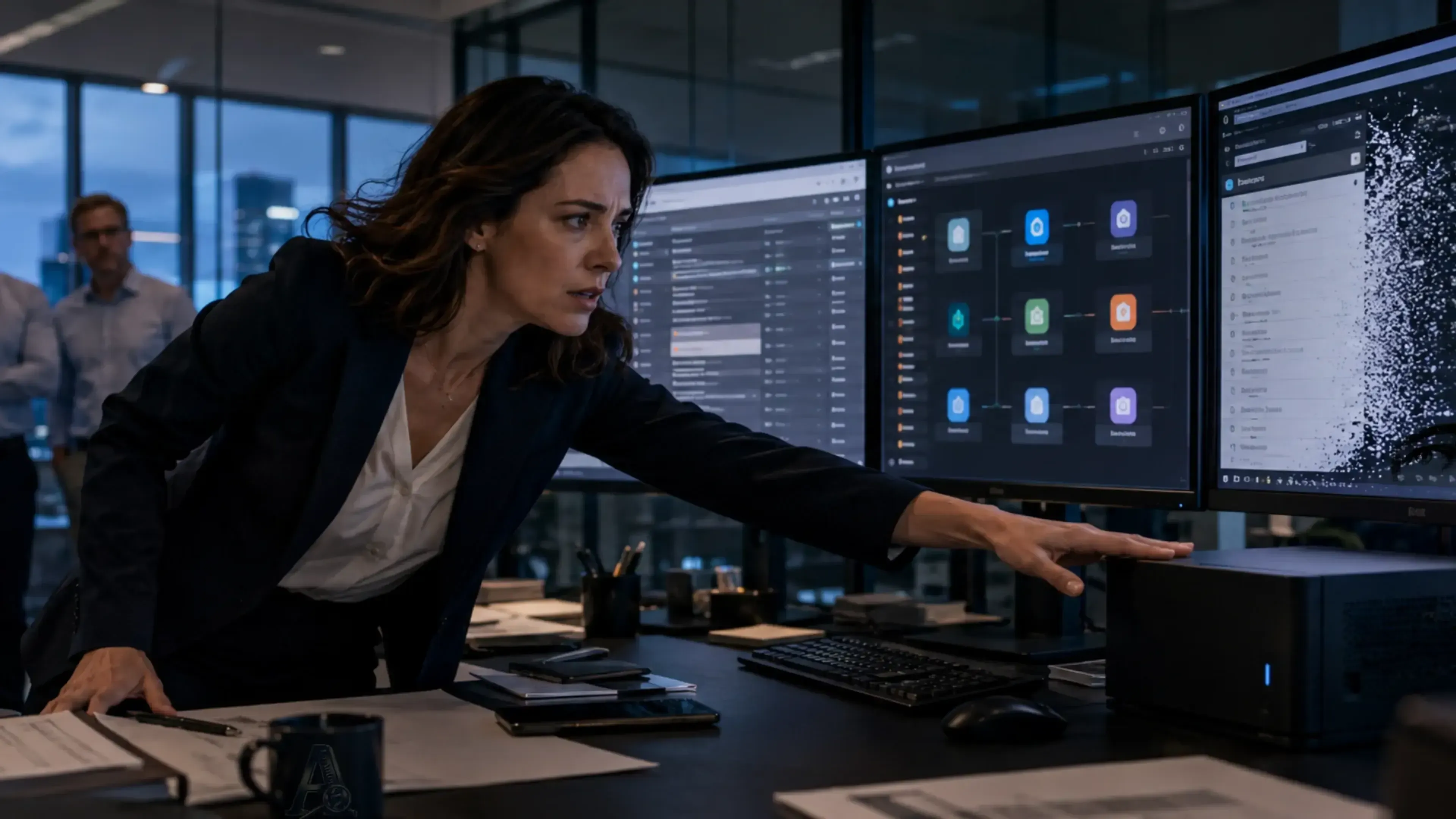 Una ejecutiva se lanza hacia un Mac Mini para detener un agente de IA mientras varios monitores muestran paneles operativos y colegas observan al fondo en una oficina tecnológica nocturna, en un momento de máxima tensión.