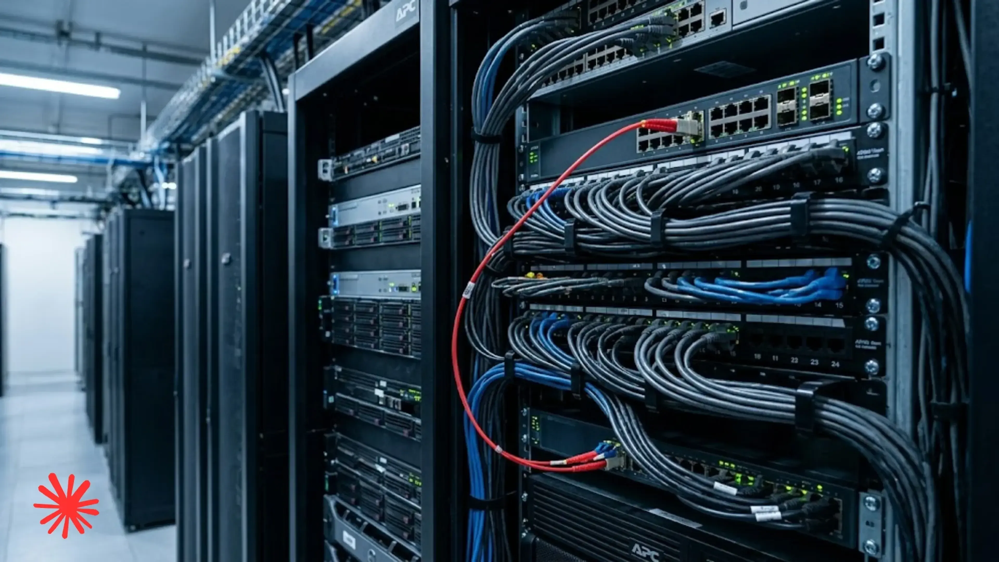 Foto detallada de un bastidor de servidores en un centro de datos con densos manojos de cables de red negros y azules organizados en paneles de conexión. Un cable rojo brillante destaca prominentemente, conectando dos puertos.
