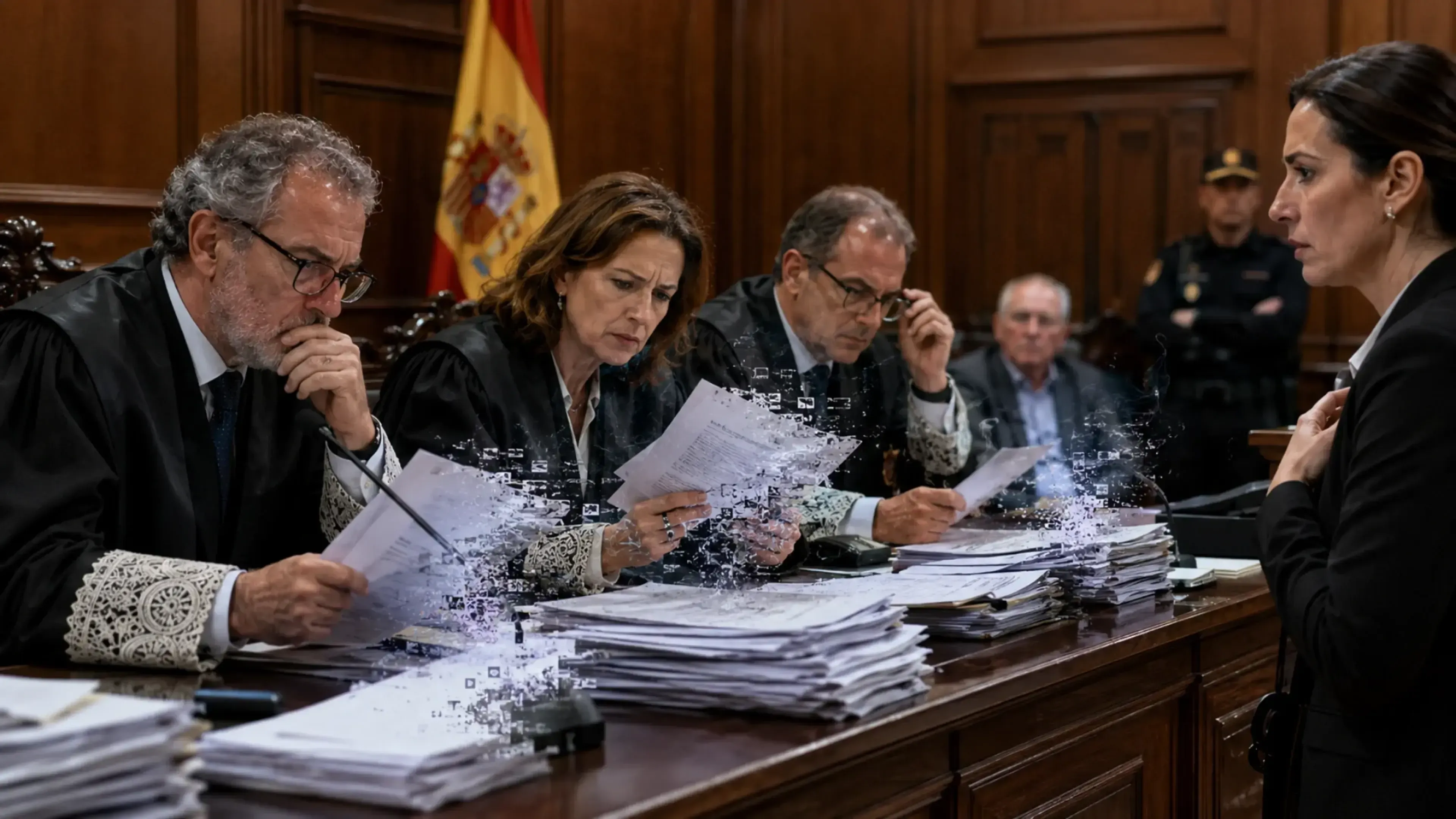 Magistrados revisan un recurso judicial bajo tensión en una sala de tribunal, con expedientes que se fragmentan digitalmente para simbolizar jurisprudencia ficticia generada por IA.