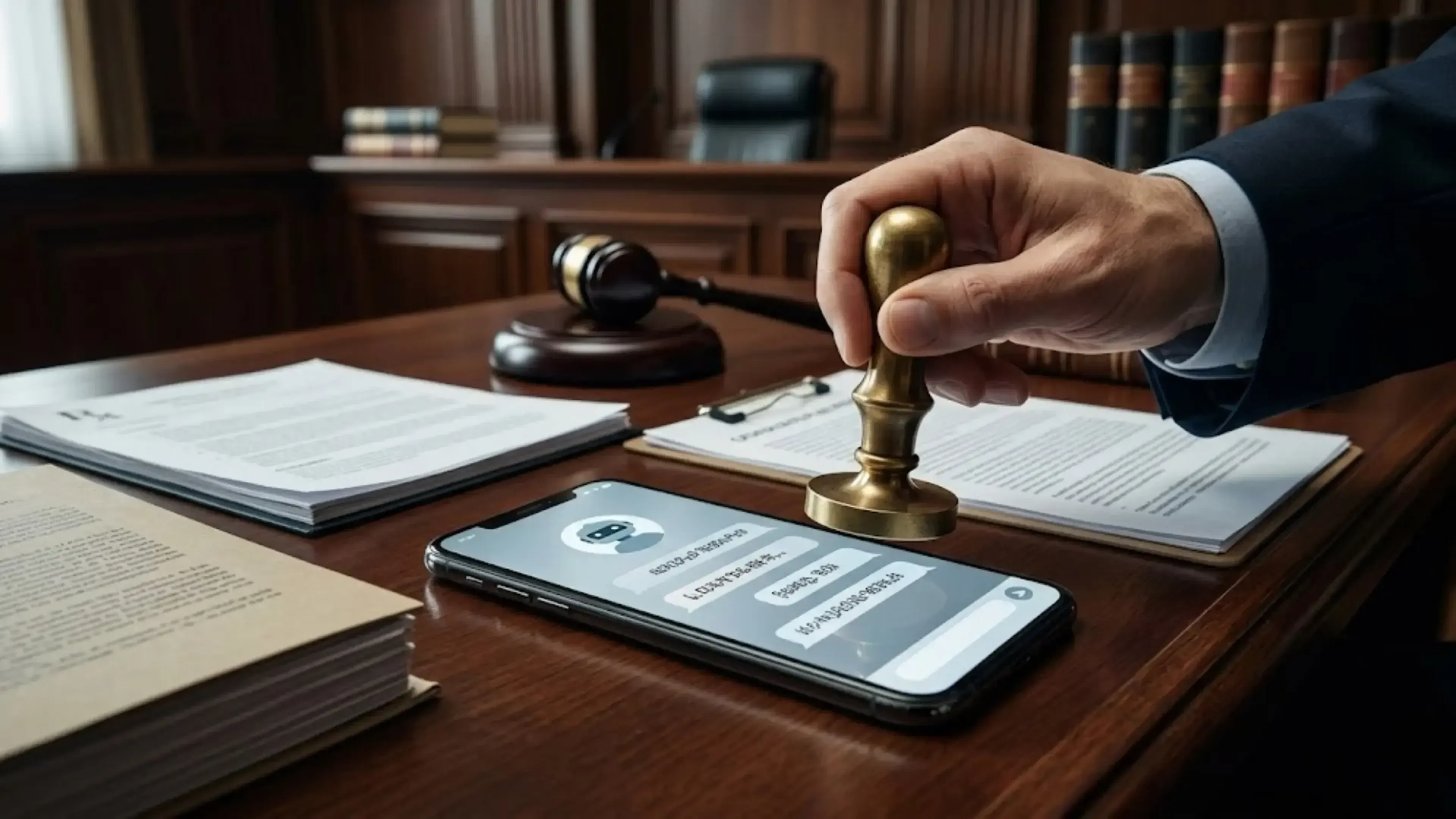 Una mano con traje aplica un sello dorado sobre la pantalla de un smartphone con un chatbot de IA. El teléfono está en un escritorio de madera con documentos legales, libros encuadernados y un mazo, simbolizando el control judicial.