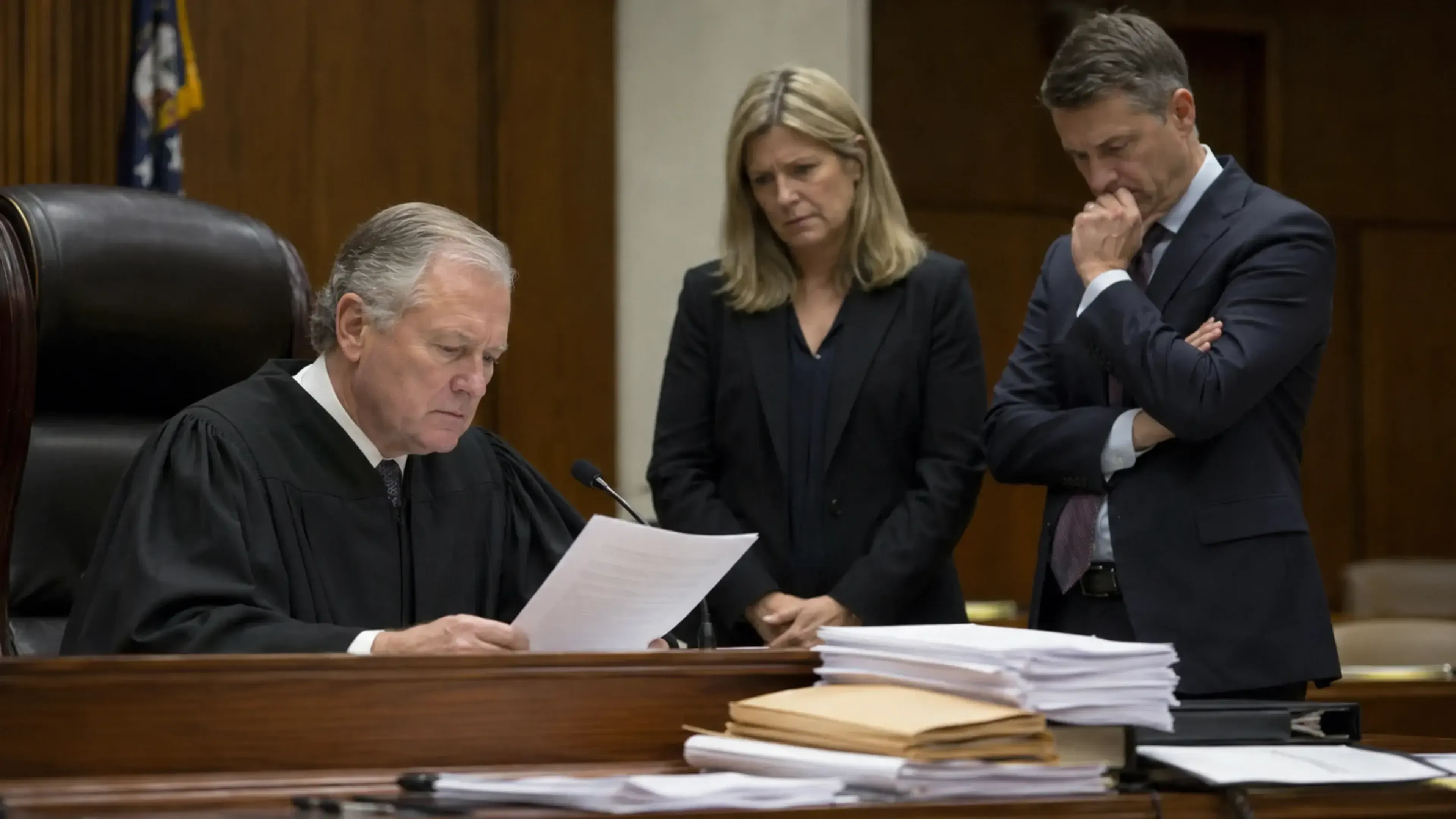 Juez revisa documentos en una sala de vistas mientras dos abogados observan con gesto serio, junto a pilas de expedientes que sugieren una revisión judicial por errores en escritos legales.