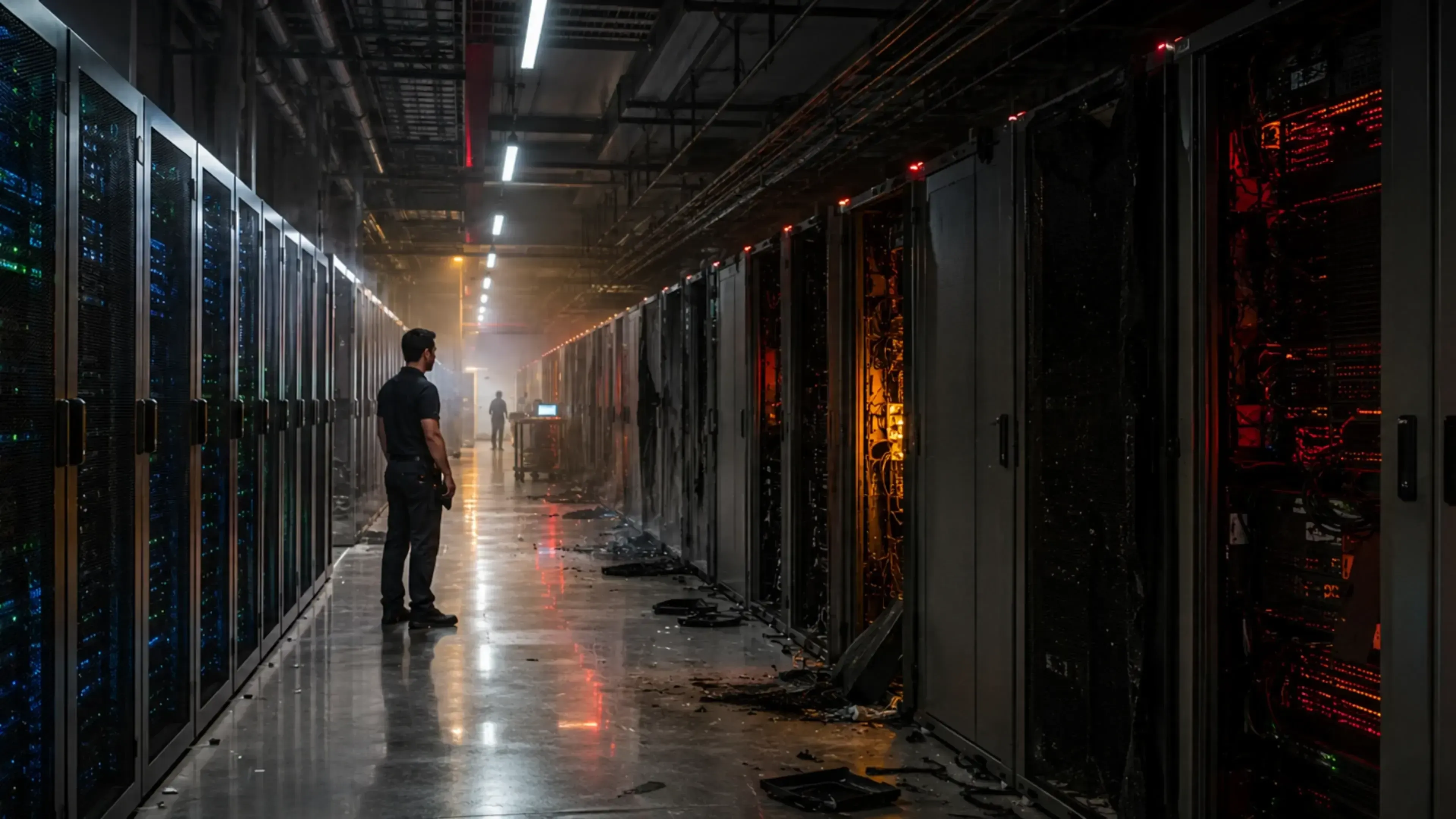 Centro de datos con racks de servidores, luces rojas de alerta y técnicos revisando una interrupción crítica en infraestructura de IA dependiente de un proveedor único.