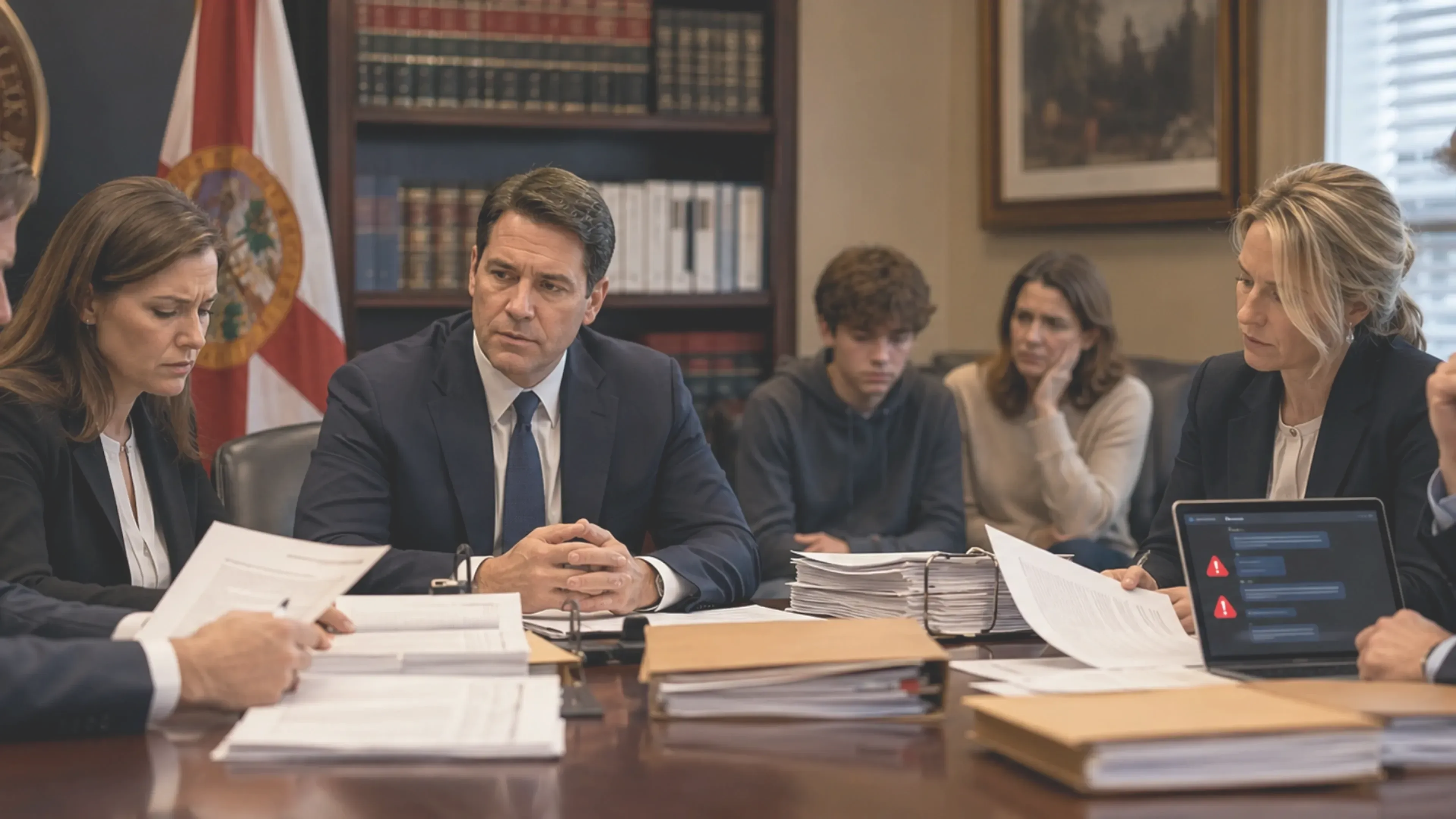 Reunión legal en una oficina oficial: abogados y responsables revisan documentos y alertas en un portátil, mientras una familia preocupada espera al fondo, reflejando la demanda de Florida contra OpenAI por riesgos de ChatGPT.