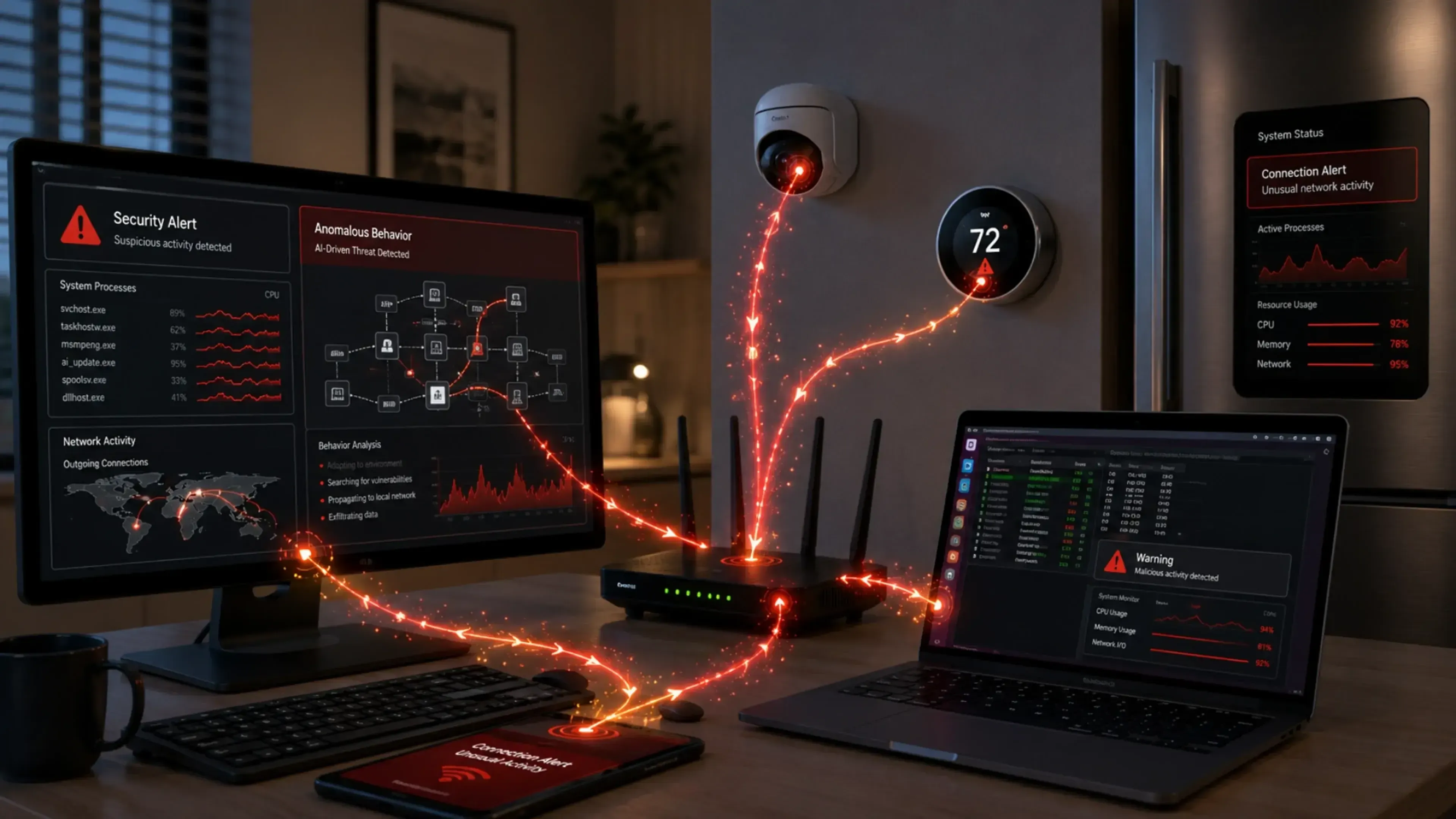 Imagen panorámica de varios dispositivos conectados infectados por un gusano con IA, con alertas rojas y rutas digitales propagándose entre ordenador, portátil, router, móvil, cámara y electrodoméstico inteligente.