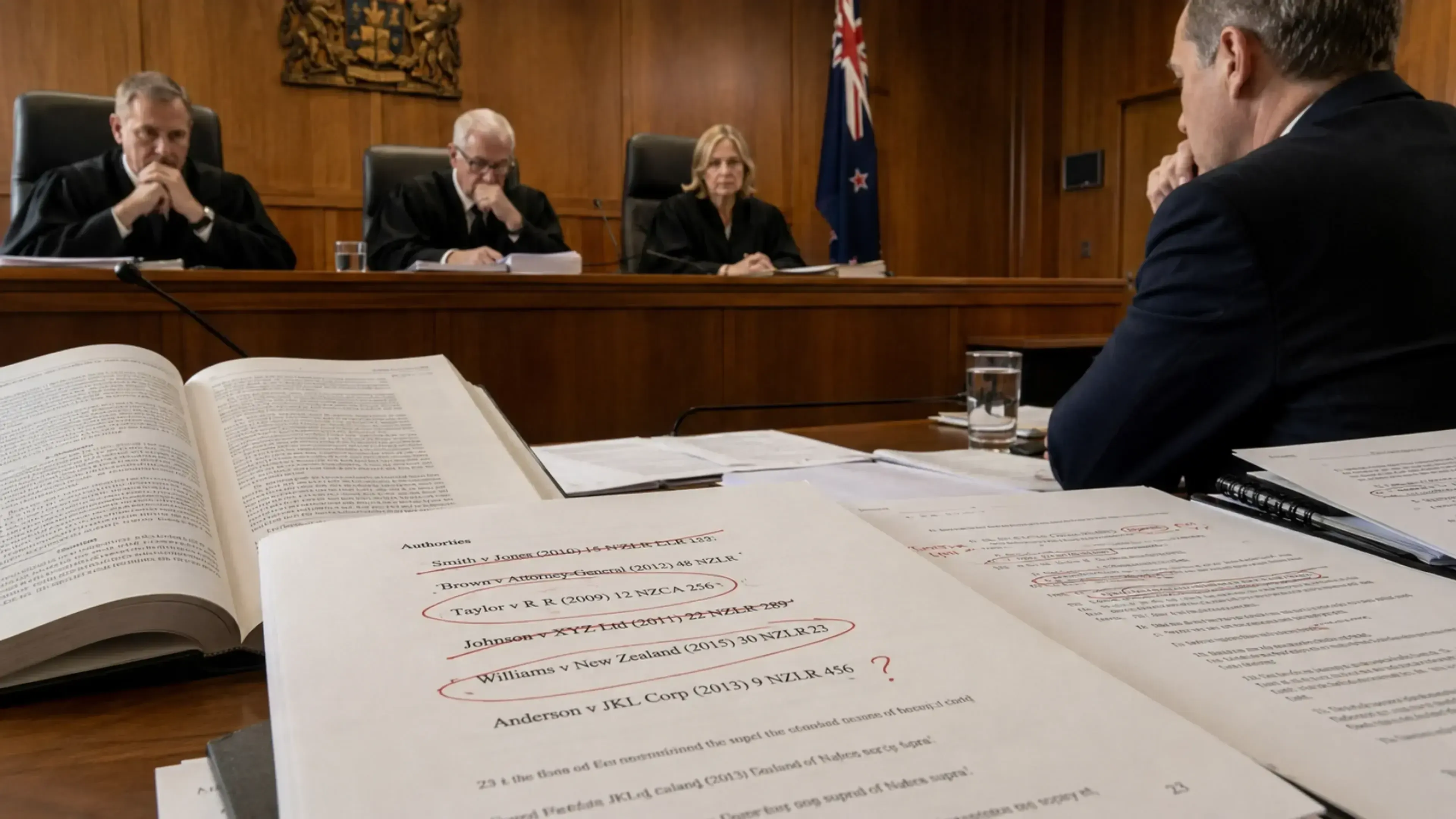 Sala judicial de Nueva Zelanda con jueces observando a un litigante y documentos legales marcados con citas falsas generadas por IA y errores de autoridad jurídica.