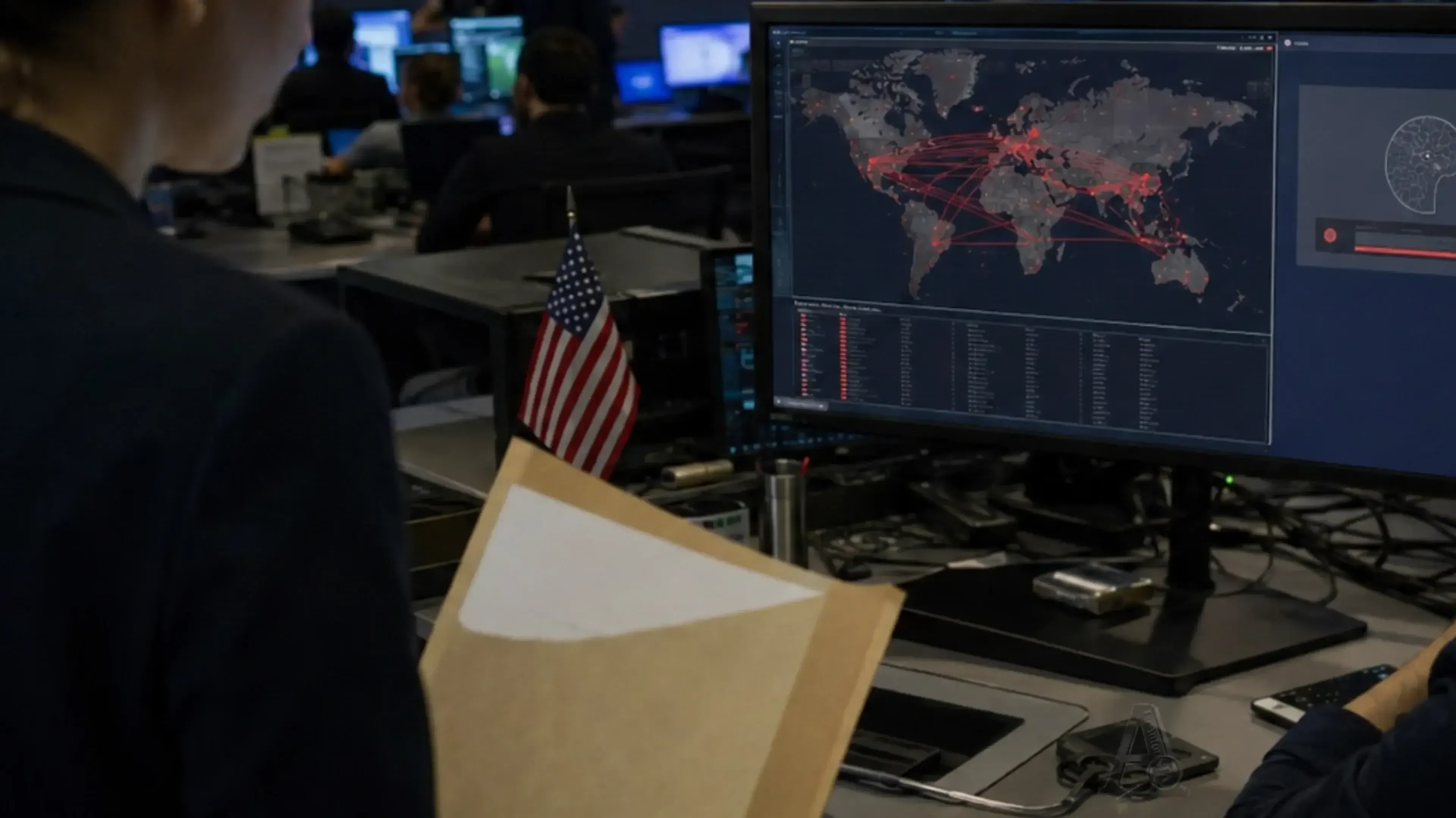 Sala de operaciones tecnológica con personal revisando pantallas de acceso global bloqueado, una carpeta oficial y una bandera de EE. UU. sobre la mesa.