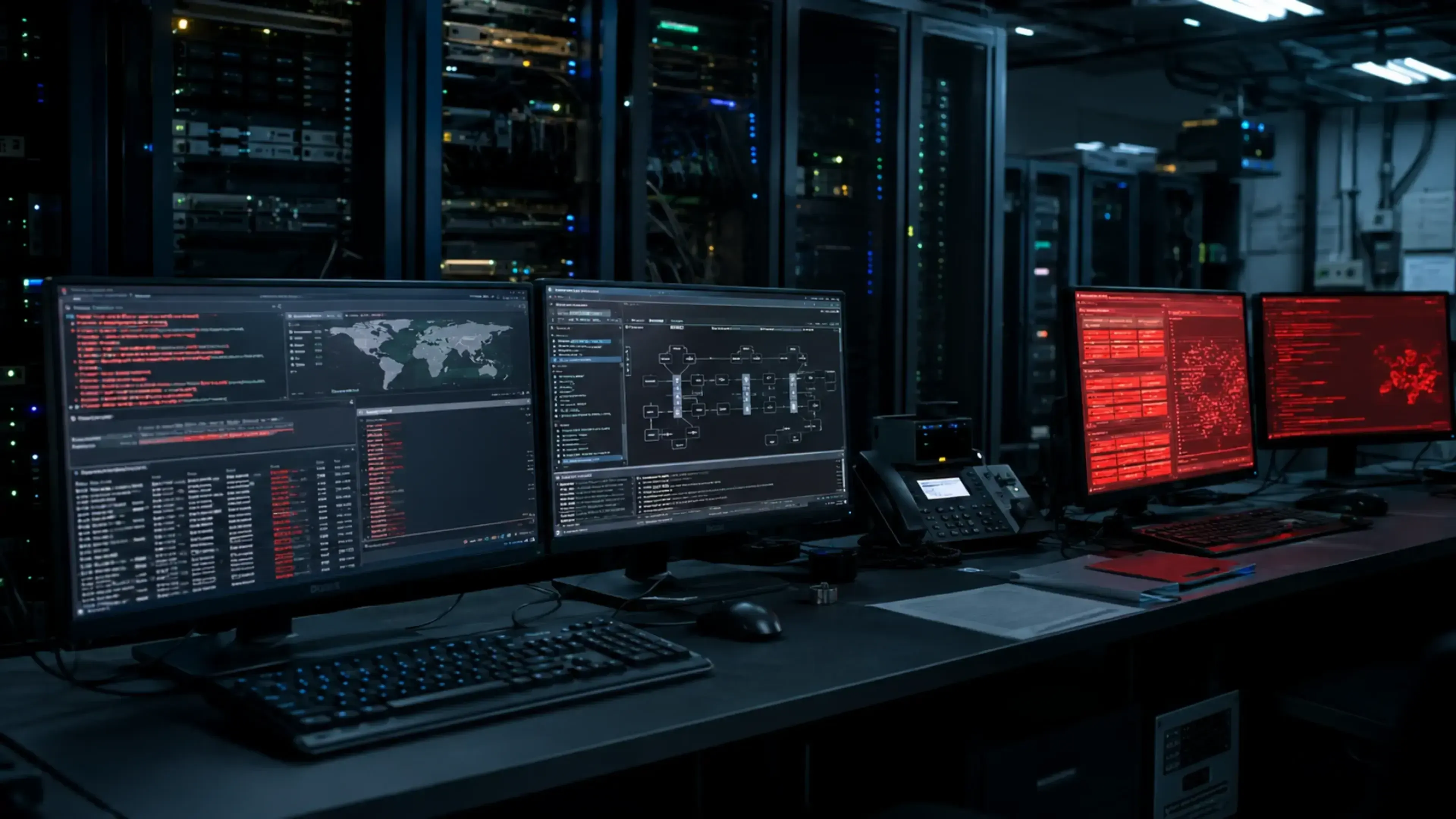 Sala de servidores con monitores de seguridad mostrando alertas rojas, representando un ataque de ransomware agentivo contra infraestructura y bases de datos de producción.