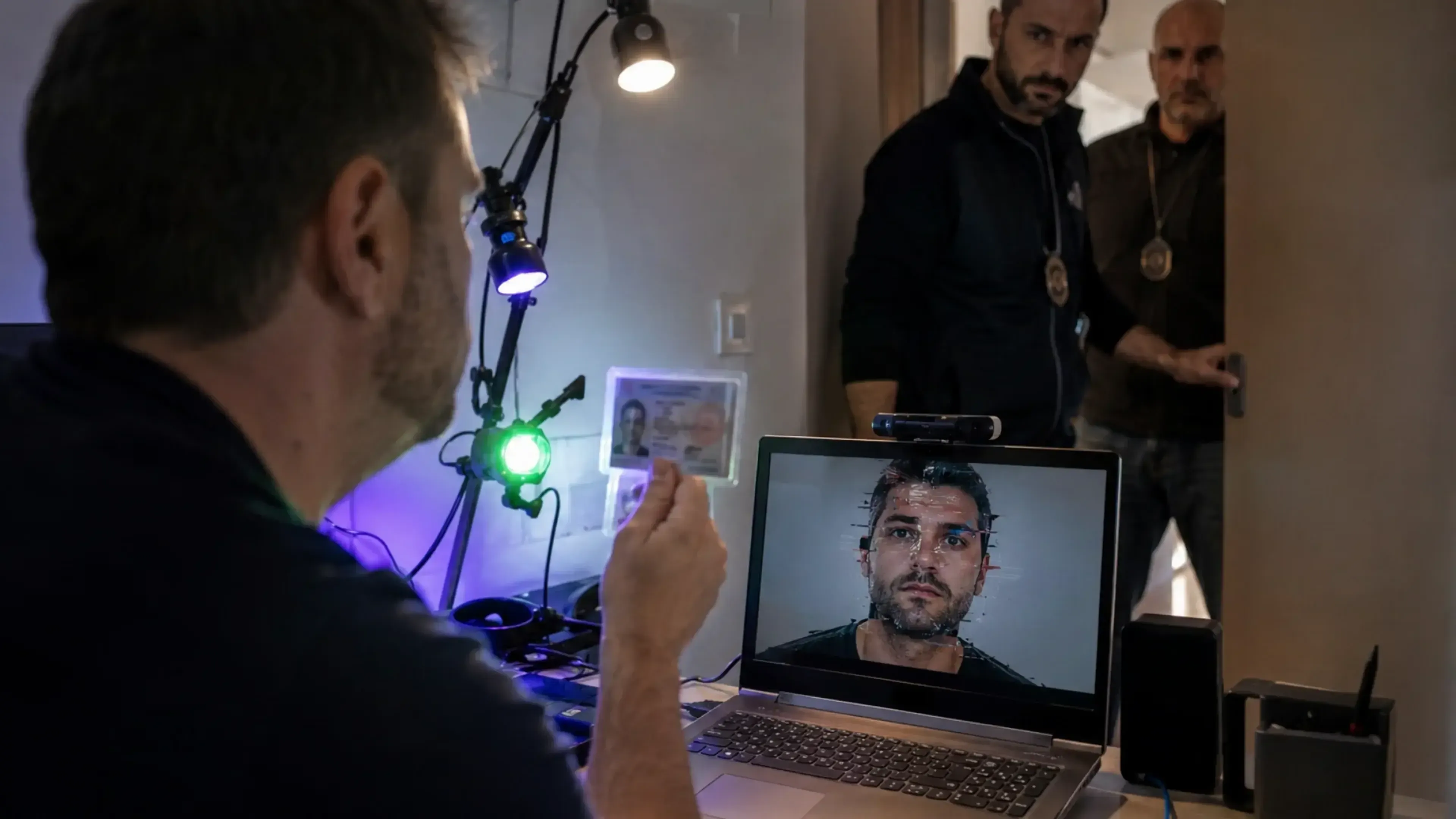 Hombre intenta suplantar una identidad mediante IA durante una videollamada de verificación mientras muestra un DNI falso; un fallo en la máscara digital revela su rostro y permite a la policía identificarlo.