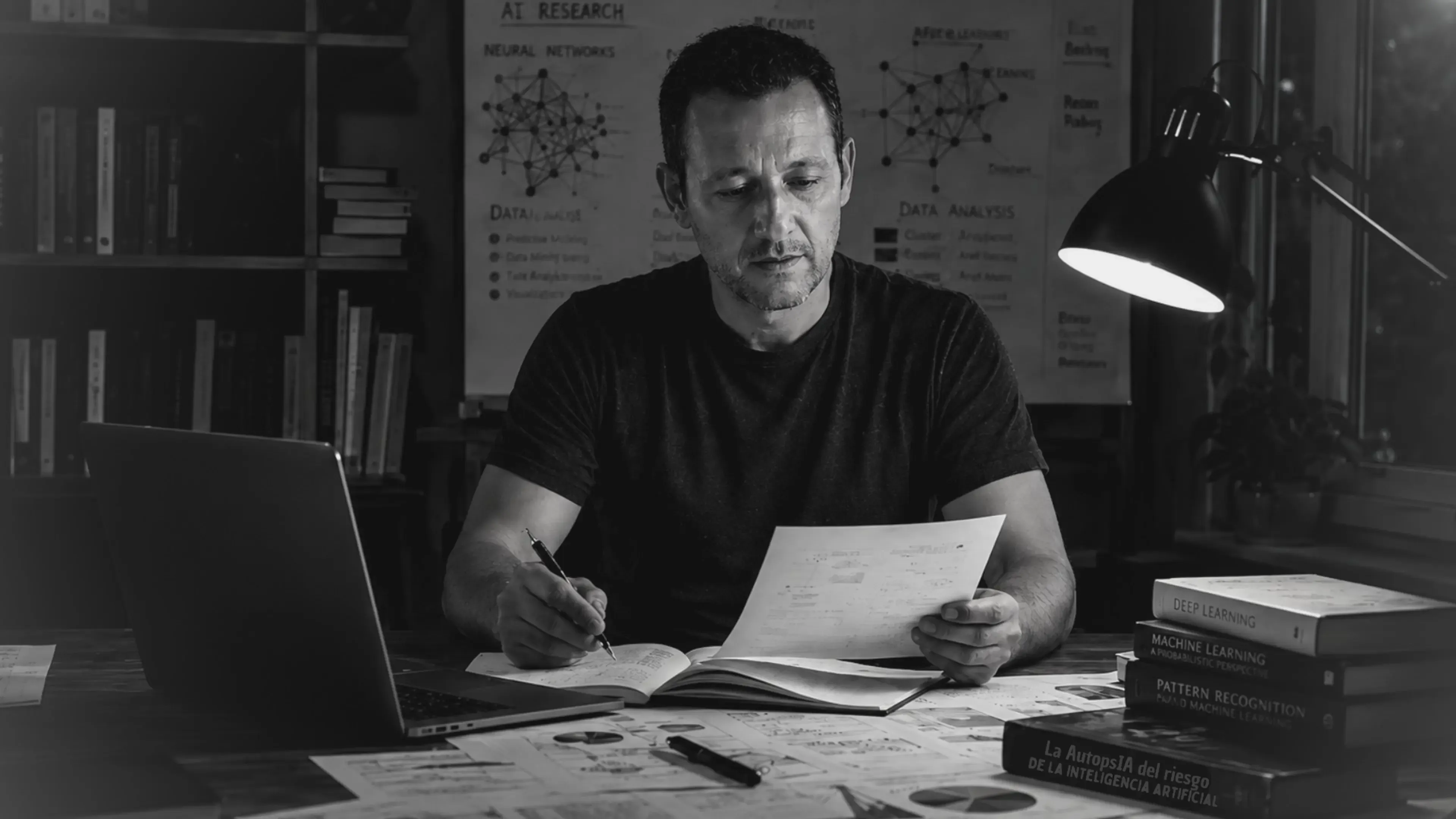Juanlu, de ApisDom, revisa documentación sobre inteligencia artificial en su escritorio, junto a un portátil, libros y esquemas técnicos, en una escena en blanco y negro para La AutopsIA del Riesgo.