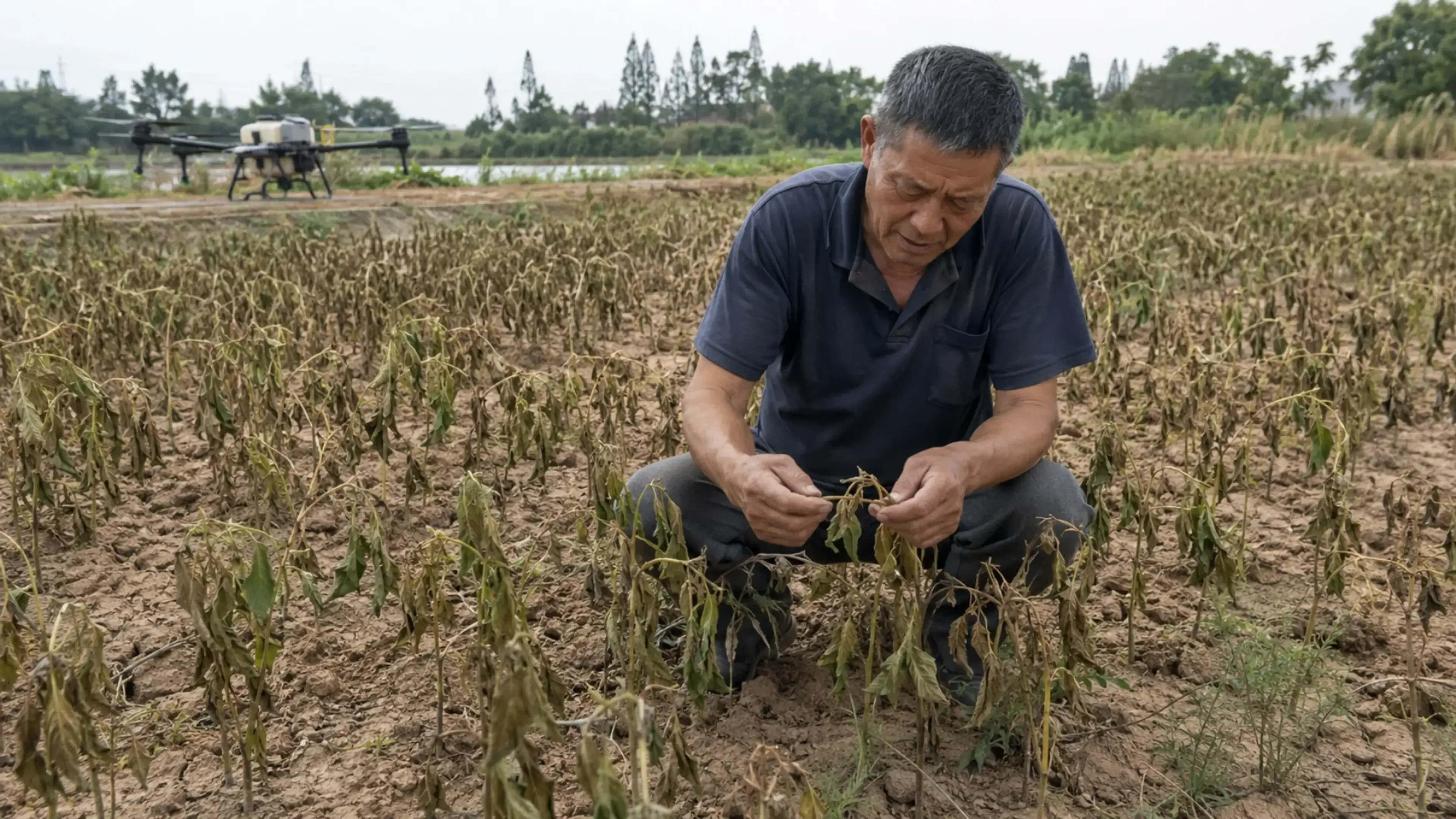 Agricultor chino examina plantas de sésamo marchitas tras una fumigación con dron basada en recomendaciones de IA que provocó la pérdida del cultivo.